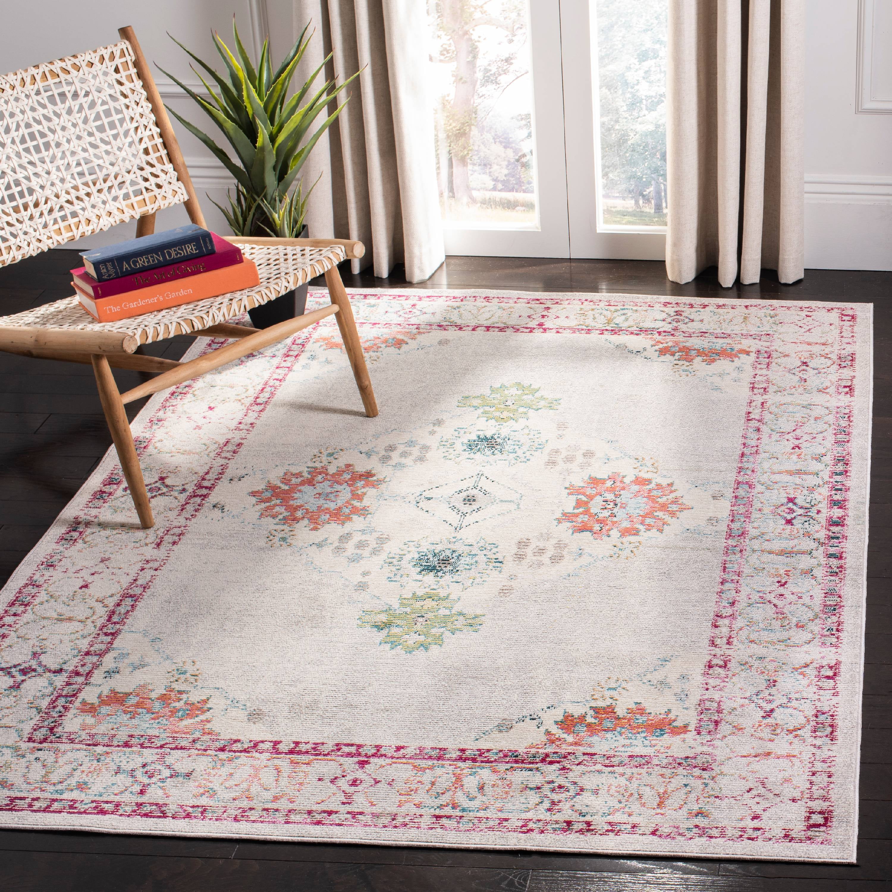 Crystal Cream and Grey Synthetic Square Area Rug, 7'x7'
