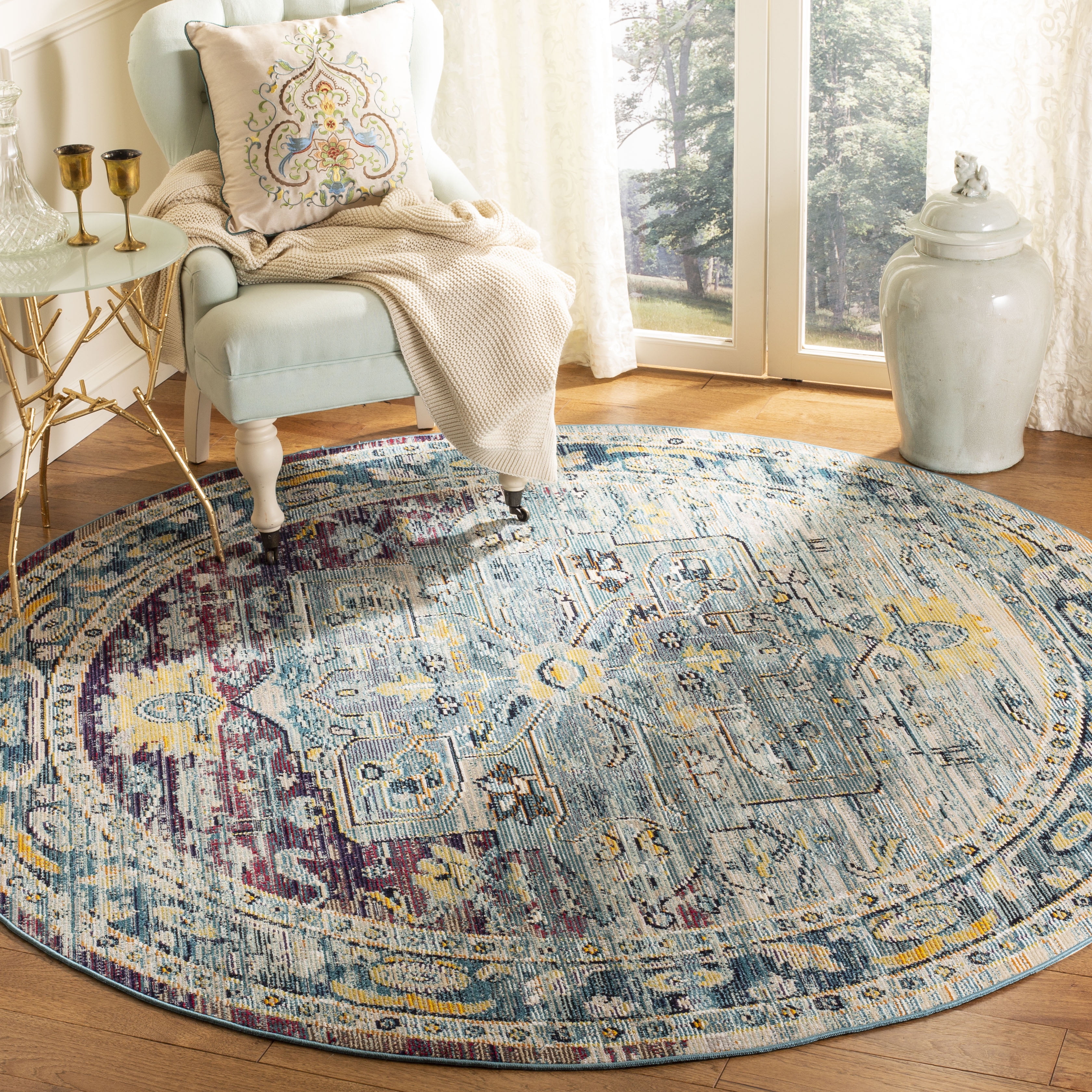Reversible Light Blue Synthetic Round Area Rug, 59"