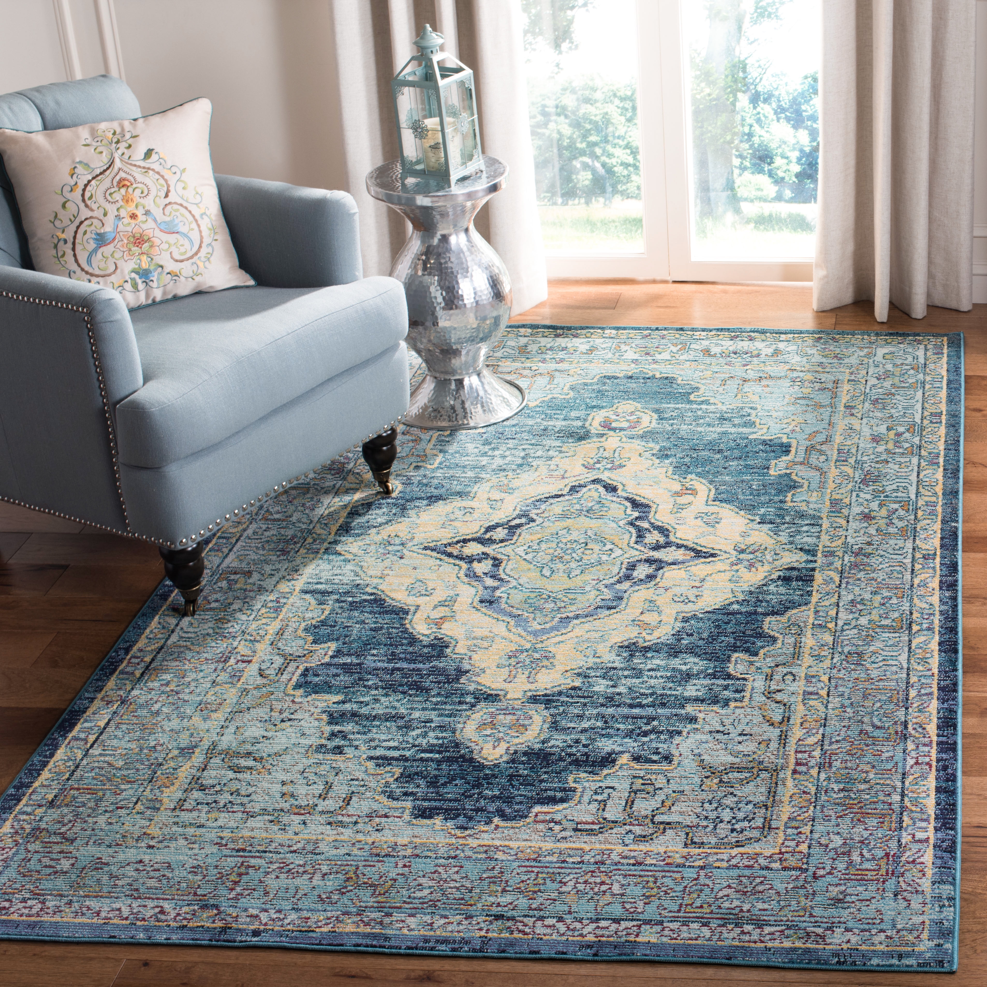 Crystal Blue and Yellow Synthetic Oriental Rectangular Rug, 3' x 5'