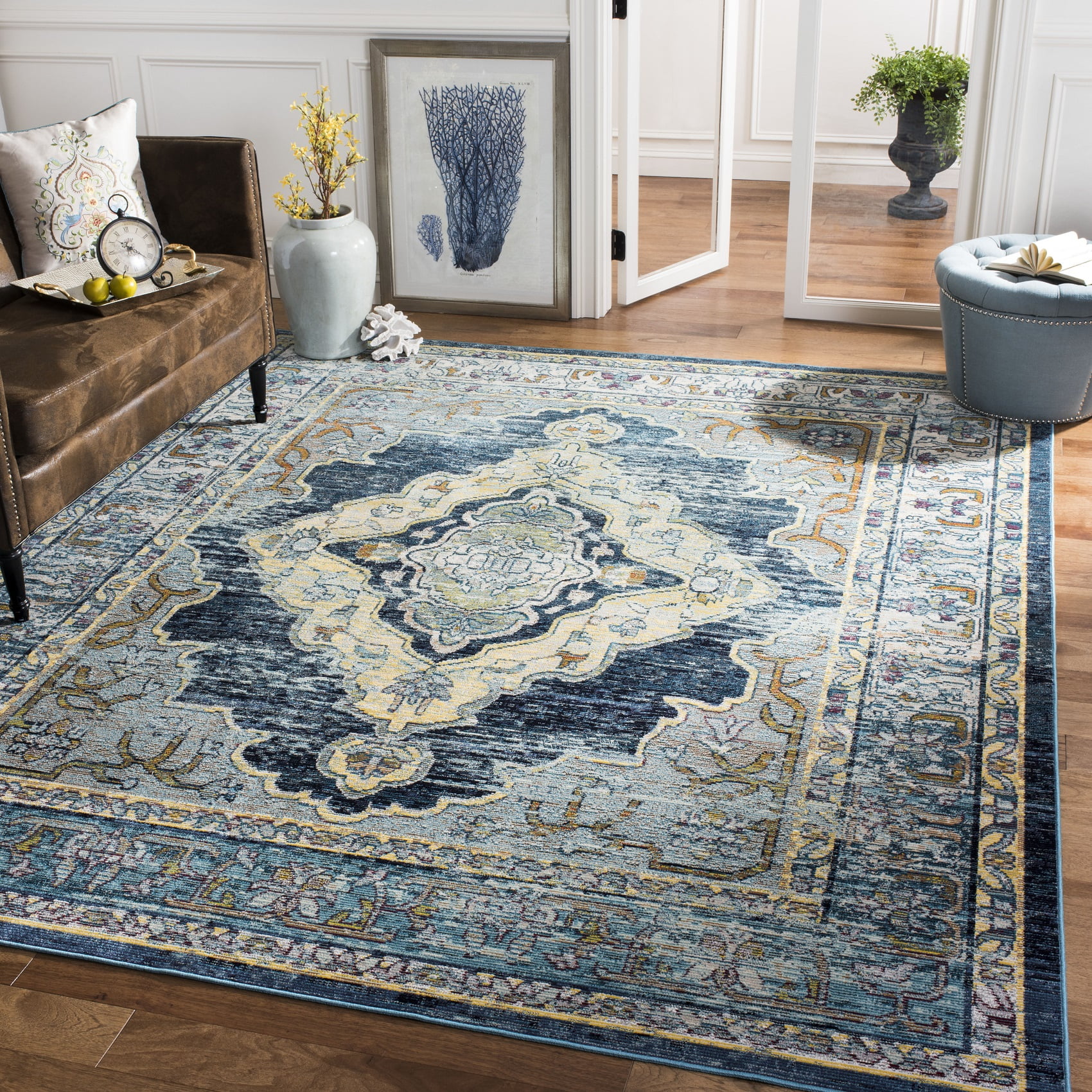 Blue and Yellow Hand-Knotted Synthetic Oriental Area Rug