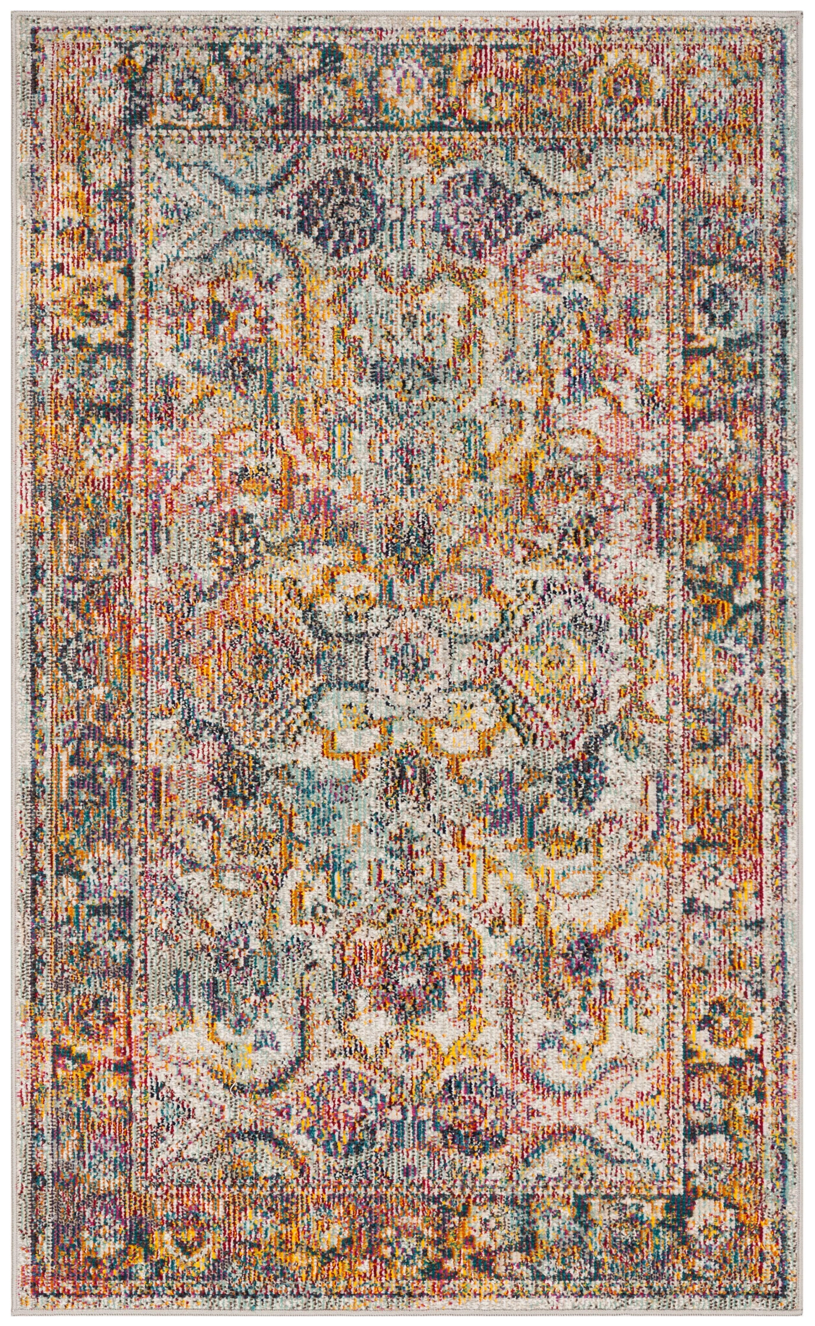 Light Blue and Orange Synthetic Floral Motif Area Rug