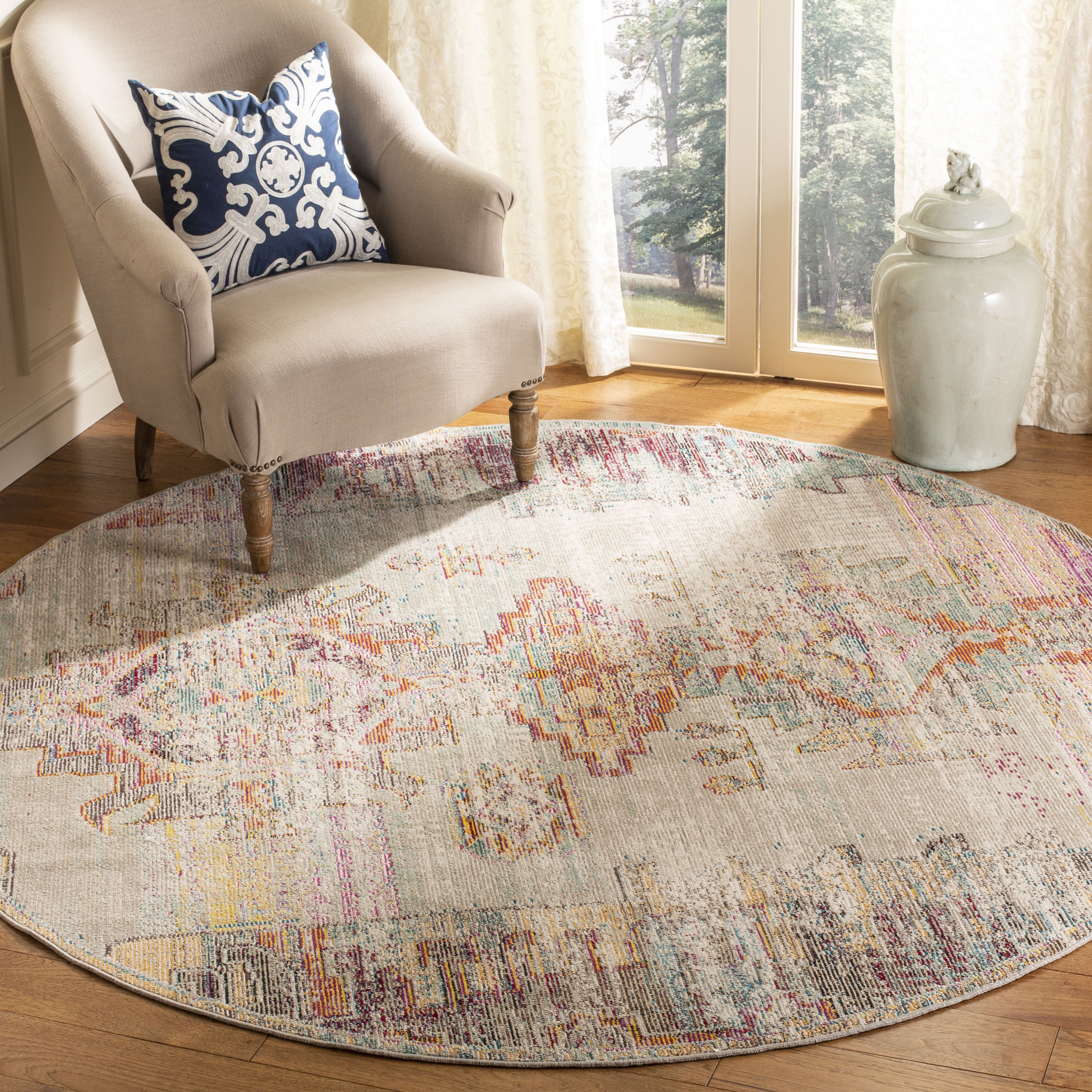 Light Grey and Purple Round Boho Synthetic Area Rug