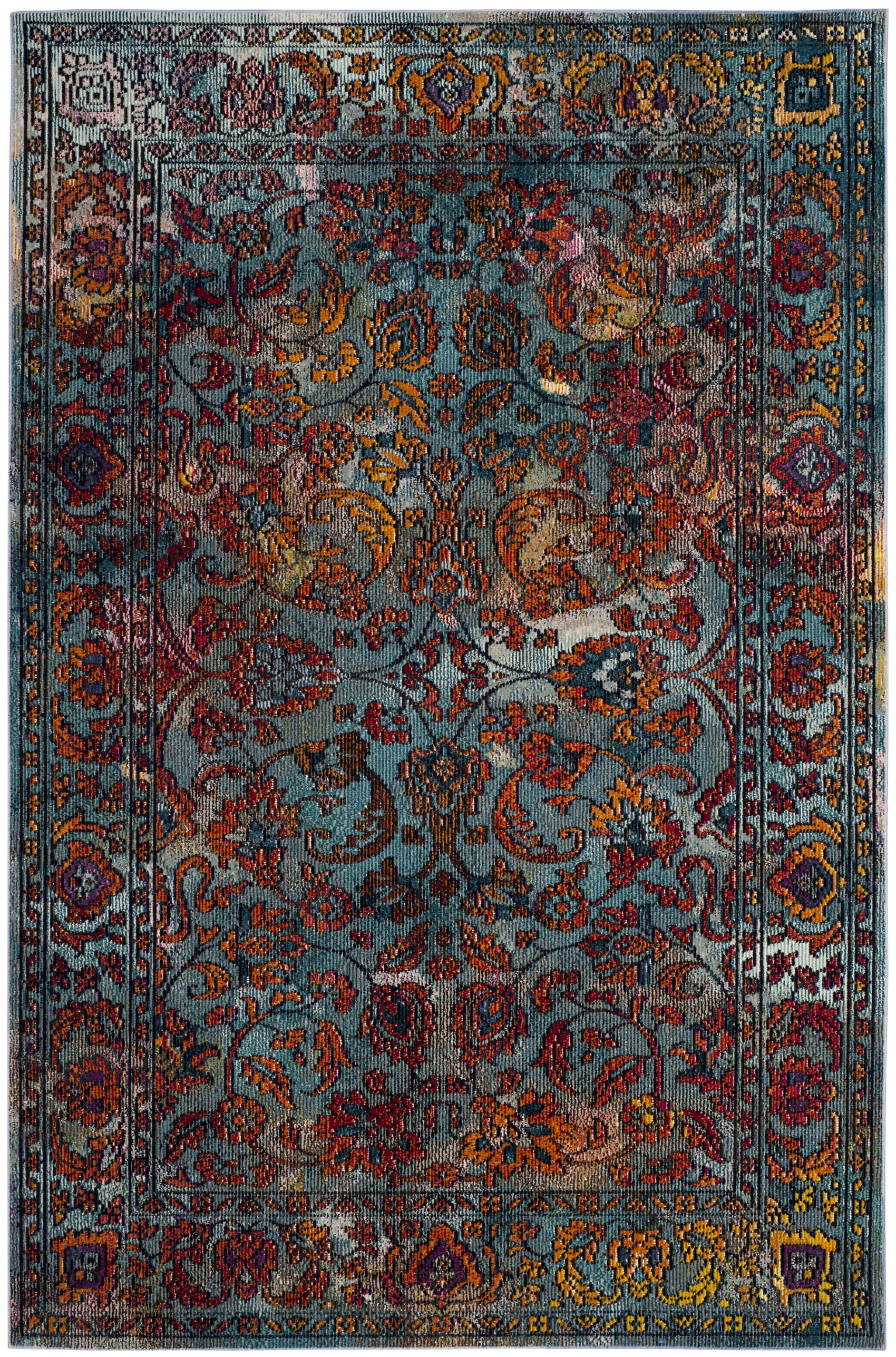 Light Blue and Orange Synthetic Rectangular 4' x 6' Area Rug