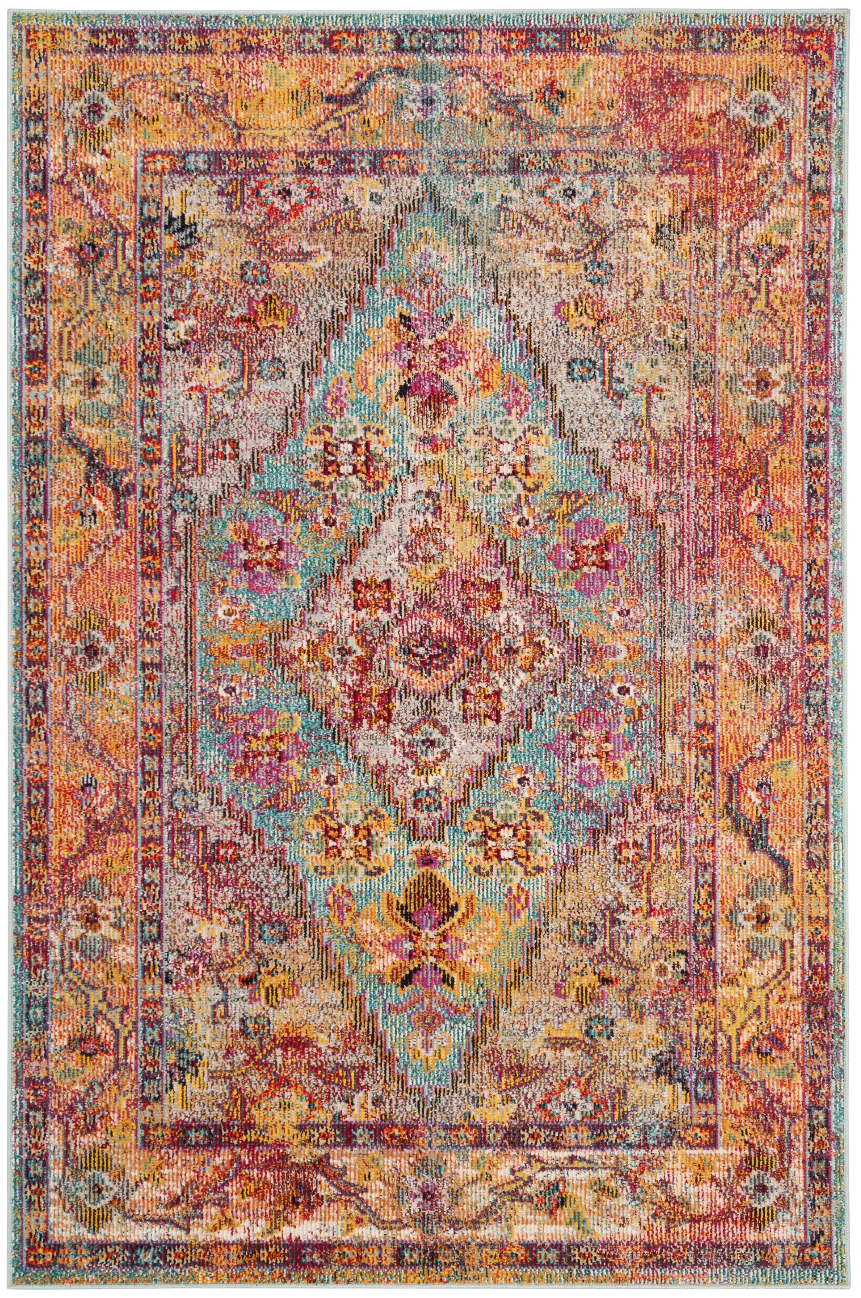 Light Blue and Orange Floral Motif Rectangular Area Rug, 4' x 6'