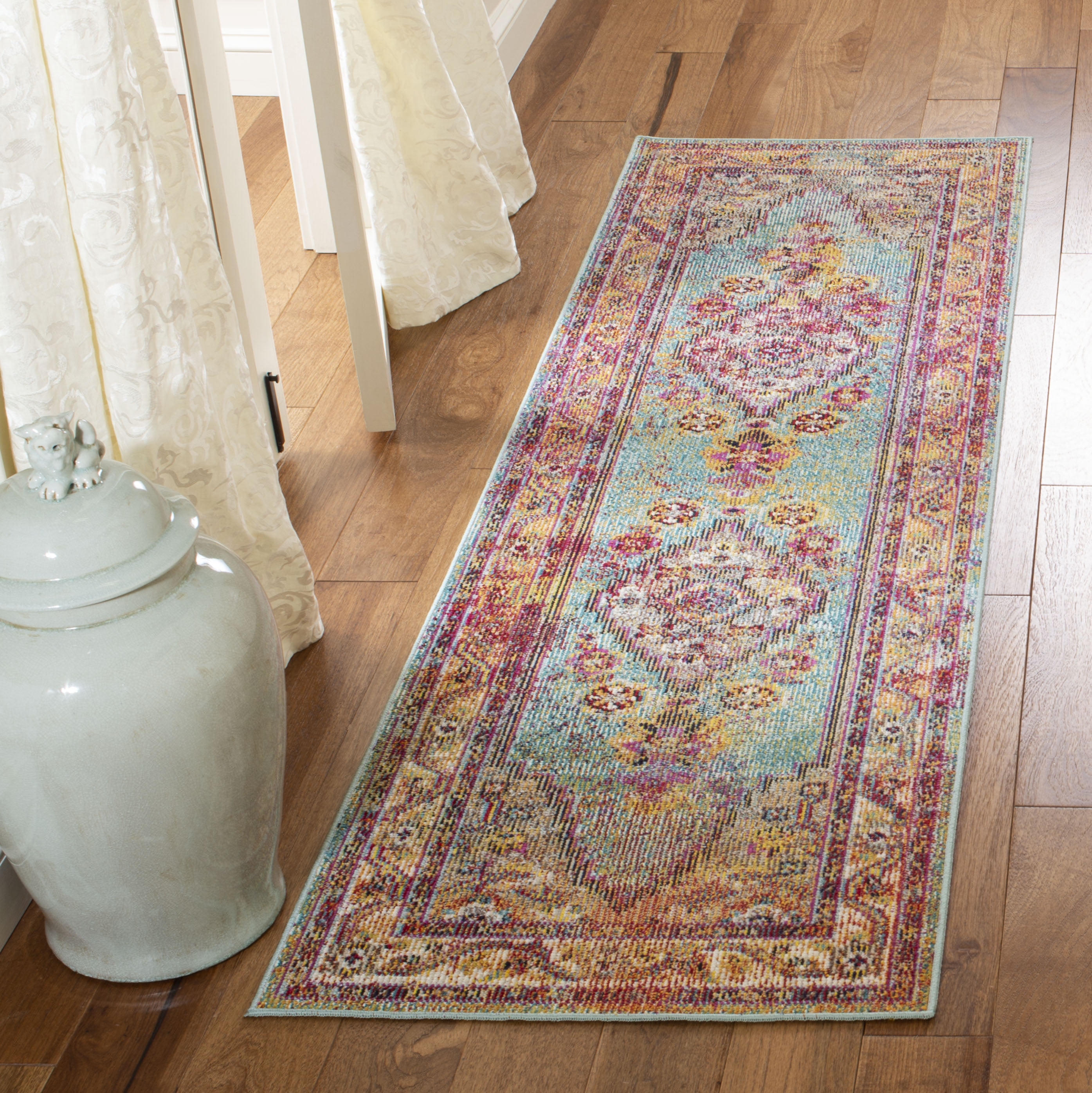 Light Blue and Orange Floral Medallion Runner Rug