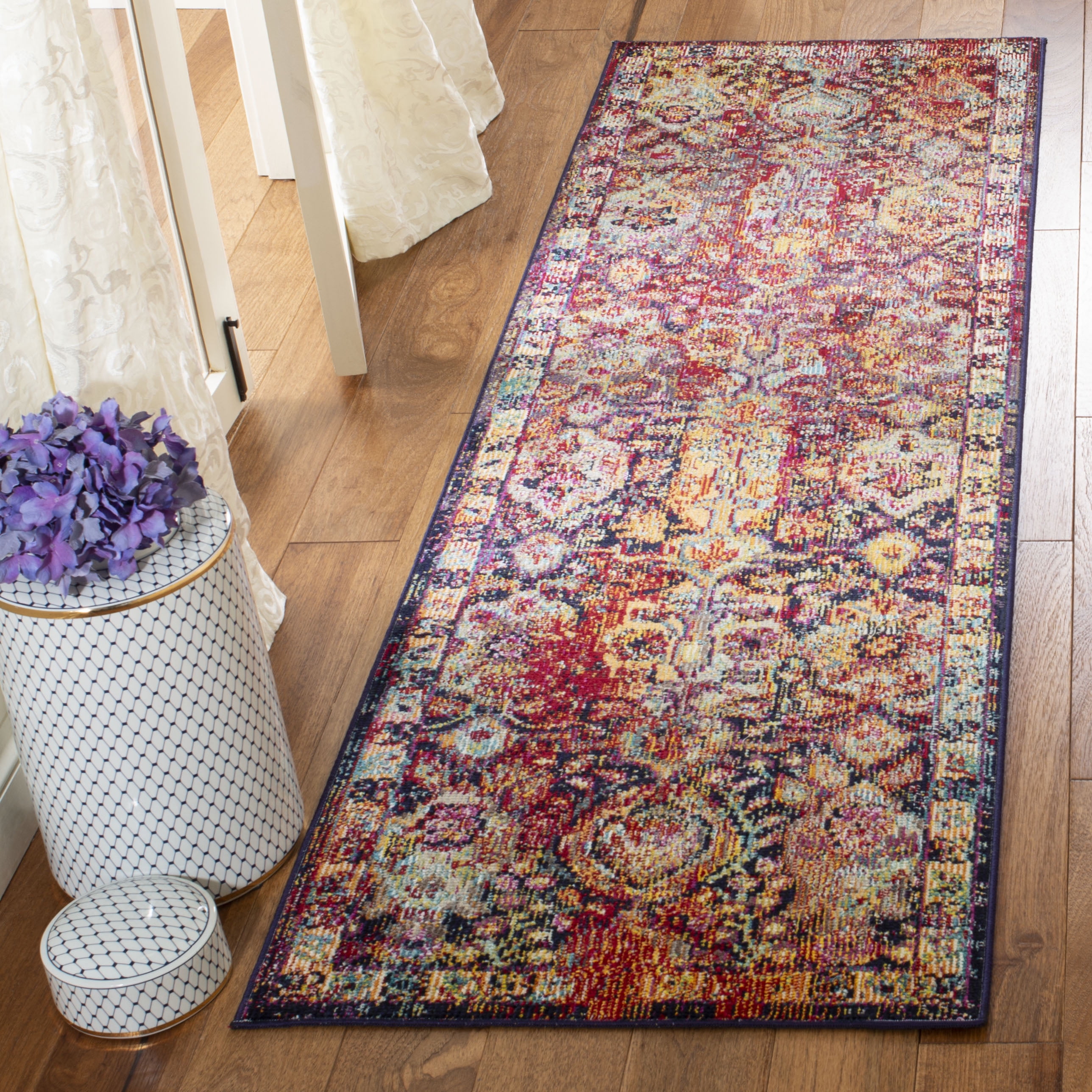 Navy and Orange Floral Motif Runner Rug