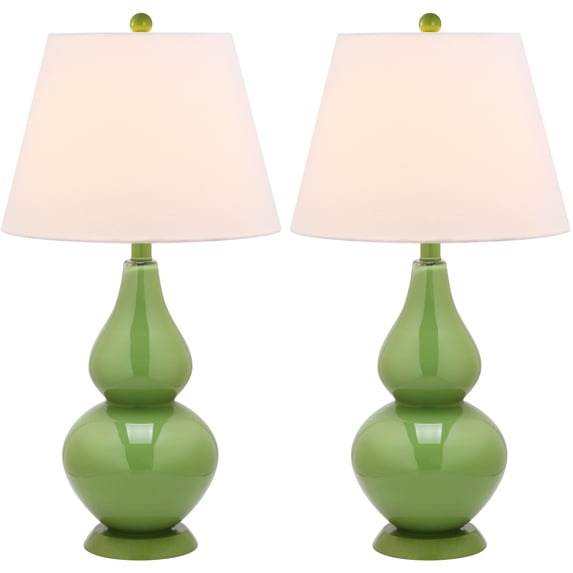 SAFAVIEH Cybil 26 in. Green Glass Table Lamp with Off-White Cotton Shade, Set of 2