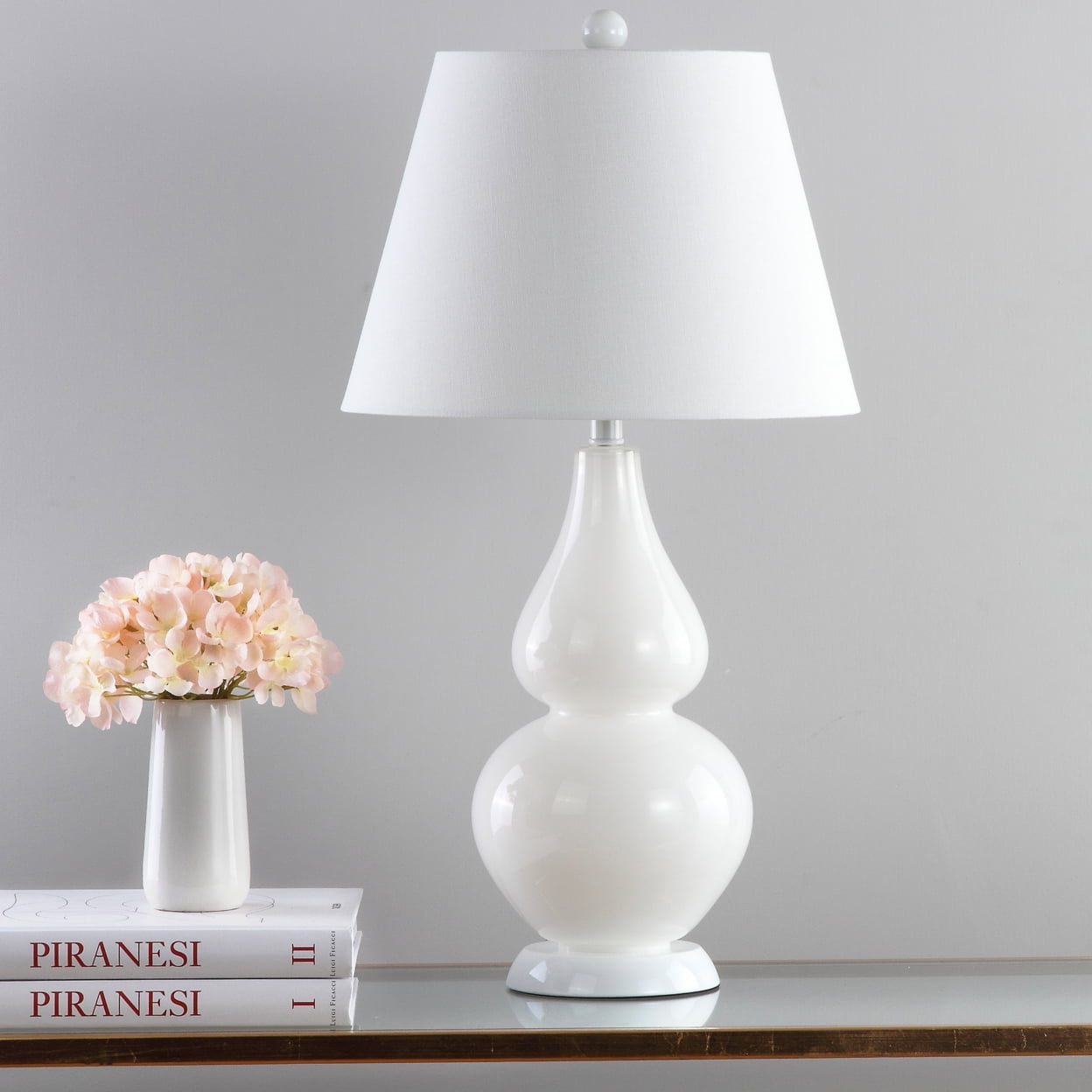 Cybil White Glass Double Gourd Nightstand Lamp Set with Cotton Shade