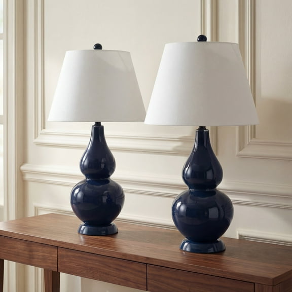 SAFAVIEH Cybil 26 in. Navy Glass Table Lamp with Off-White Cotton Shade, Set of 2