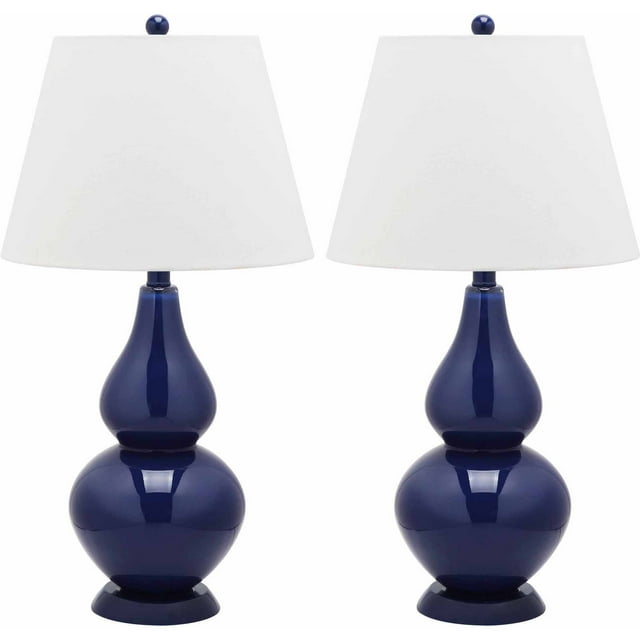 SAFAVIEH Cybil 26 in. Navy Glass Table Lamp with Off-White Cotton Shade, Set of 2