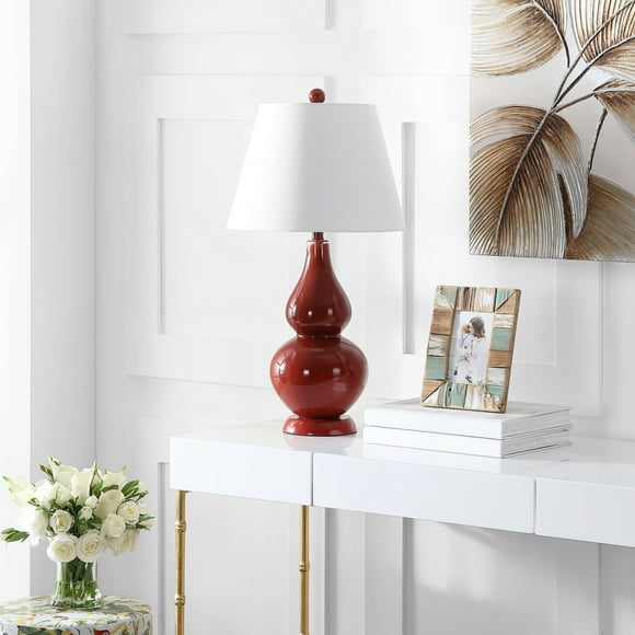SAFAVIEH Cybil 26 in. Red Glass Table Lamp with Off-White Cotton Shade, Set of 2