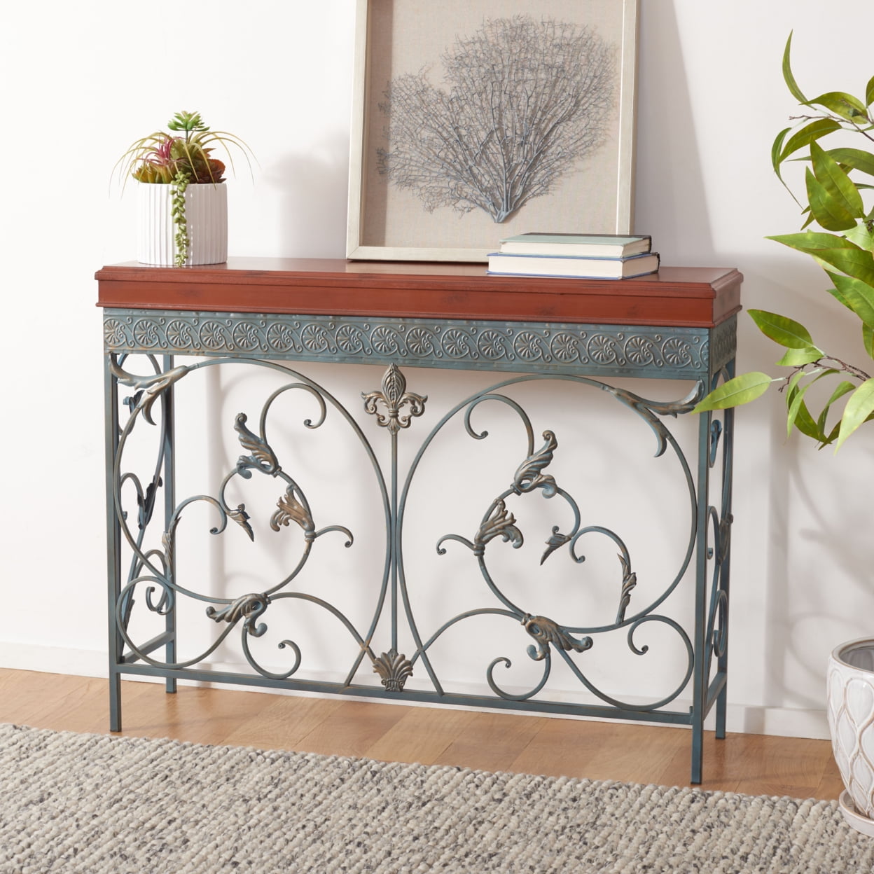 Cynthia Brown Wood and Metal Hallway Table with Storage
