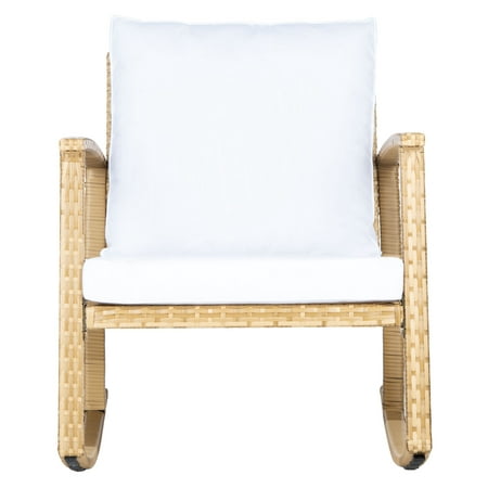 Safavieh Daire Pat Collection Adult Contemporary Solid Print Wicker And Steel Outdoor Patio Nursing Weather-Resistant Rocking Chairs with Removable Cushions, Natural/White (Set of 1)