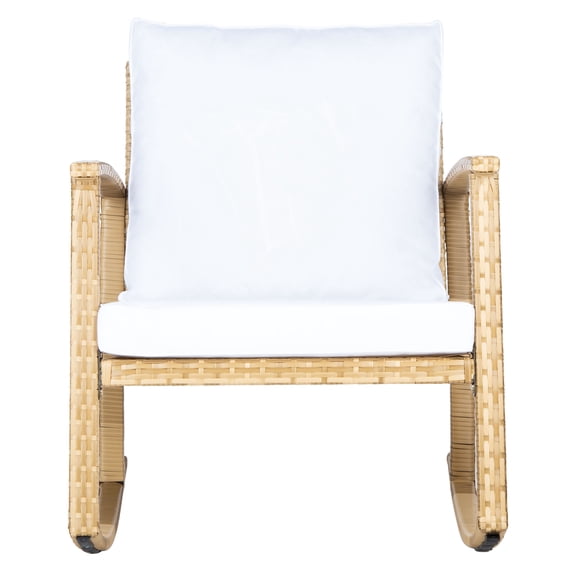 Safavieh Daire Pat Collection Adult Contemporary Solid Print Wicker And Steel Outdoor Patio Nursing Weather-Resistant Rocking Chairs with Removable Cushions, Natural/White (Set of 1)