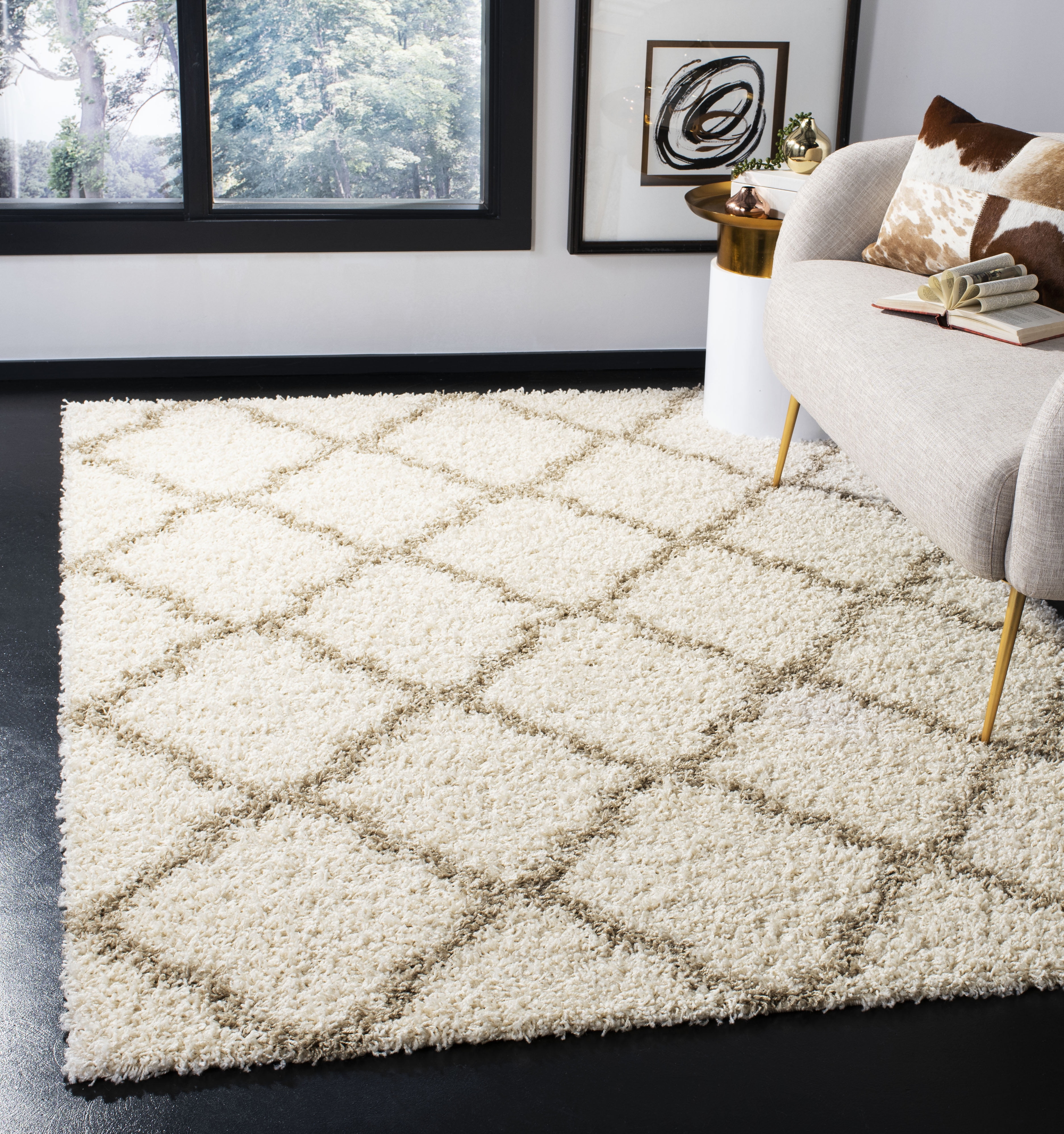 SAFAVIEH Daley Geometric Plush Shag Area Rug, Ivory/Beige, 10' x 14'