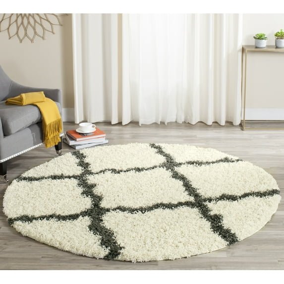 SAFAVIEH Daley Geometric Plush Shag Area Rug, Ivory/Dark Grey, 6' x 6' Round