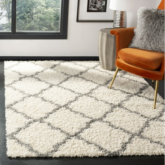 SAFAVIEH Daley Geometric Plush Shag Area Rug, Ivory/Grey, 6' x 6' Square