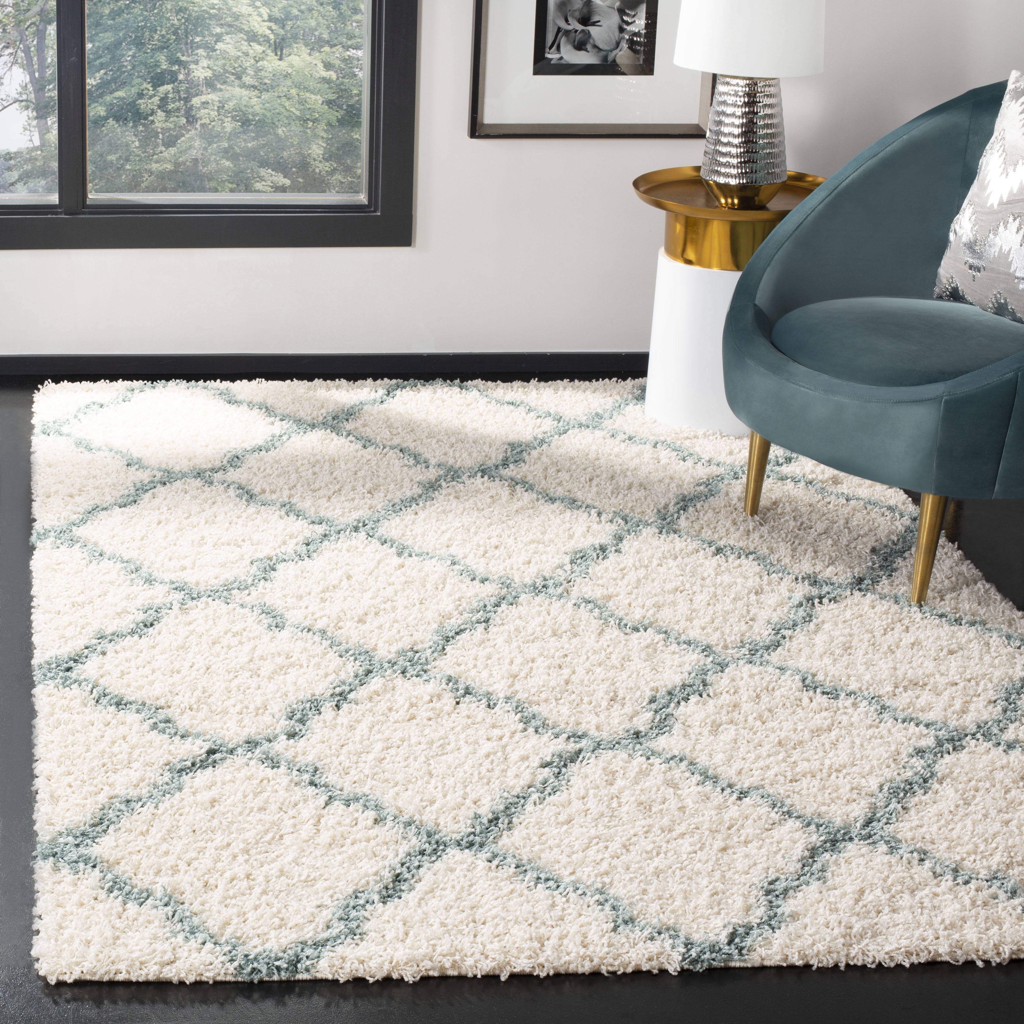 SAFAVIEH Daley Geometric Plush Shag Area Rug, Ivory/Seafoam, 8' x 10'