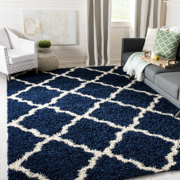 SAFAVIEH Daley Geometric Plush Shag Area Rug, Navy/Ivory, 10' x 14'