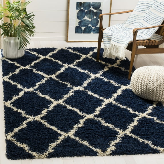 SAFAVIEH Daley Geometric Plush Shag Area Rug, Navy/Ivory, 3' x 5'