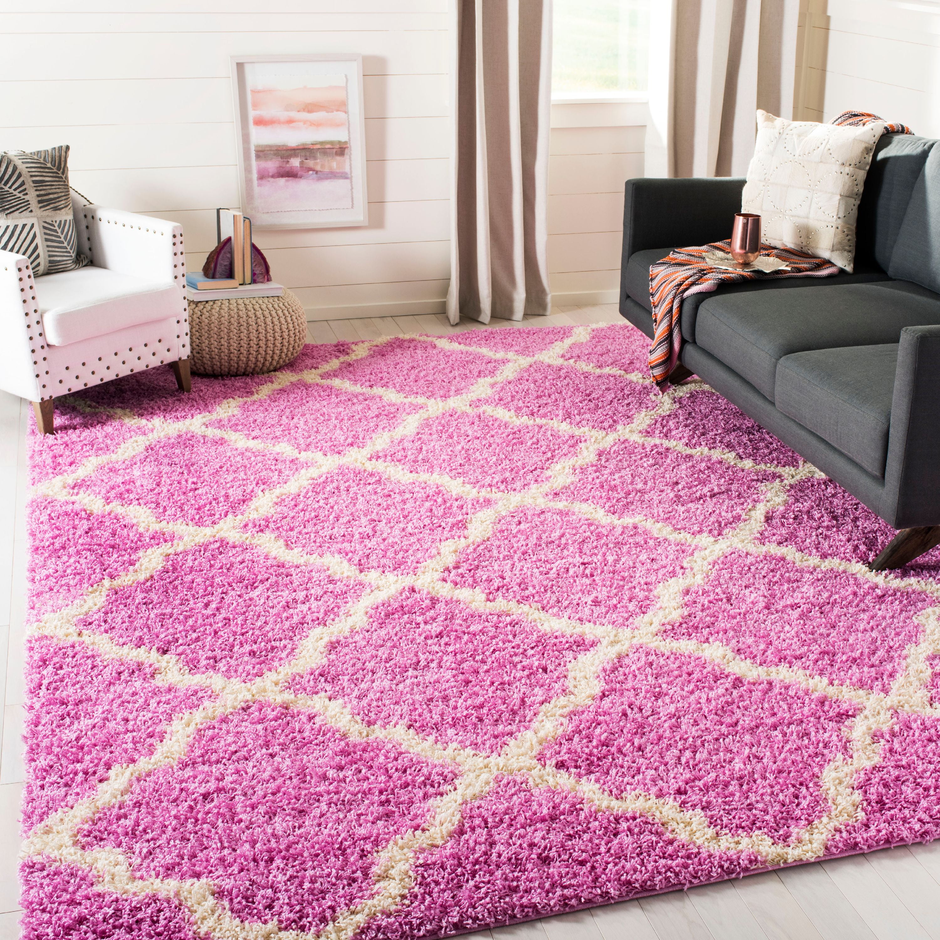 SAFAVIEH Daley Geometric Plush Shag Area Rug, Pink/Ivory, 8' x 10 ...