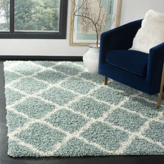 SAFAVIEH Daley Geometric Plush Shag Area Rug, Seafoam/Ivory, 4' x 6'