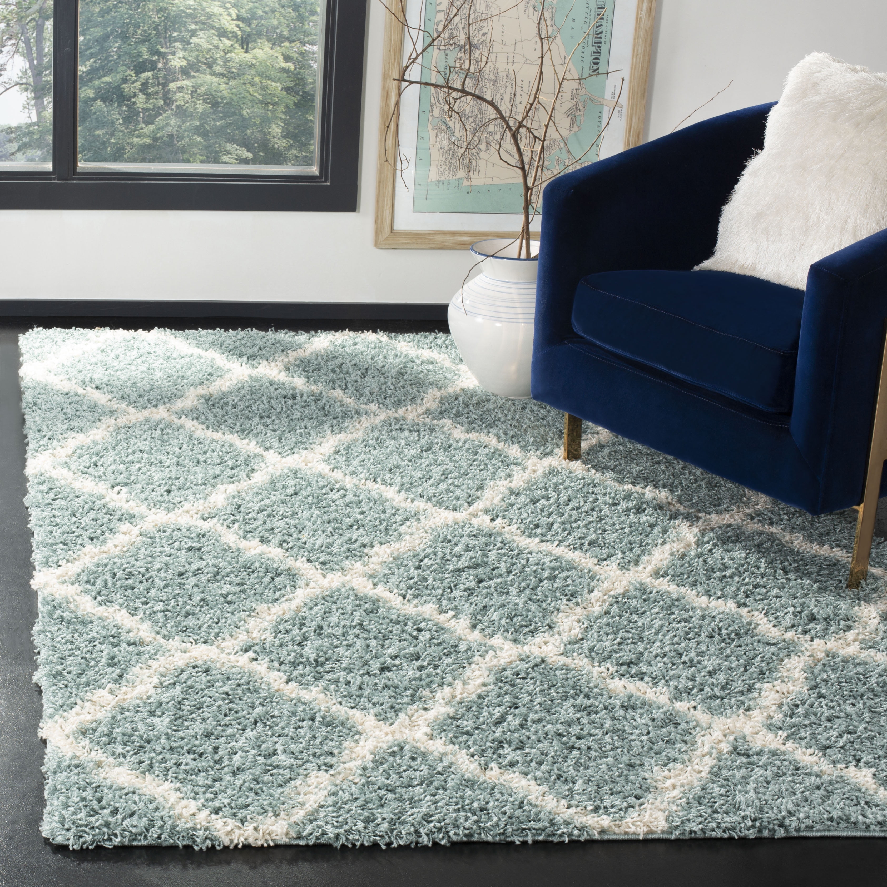 SAFAVIEH Daley Geometric Plush Shag Area Rug, Seafoam/Ivory, 6' x 6' Square