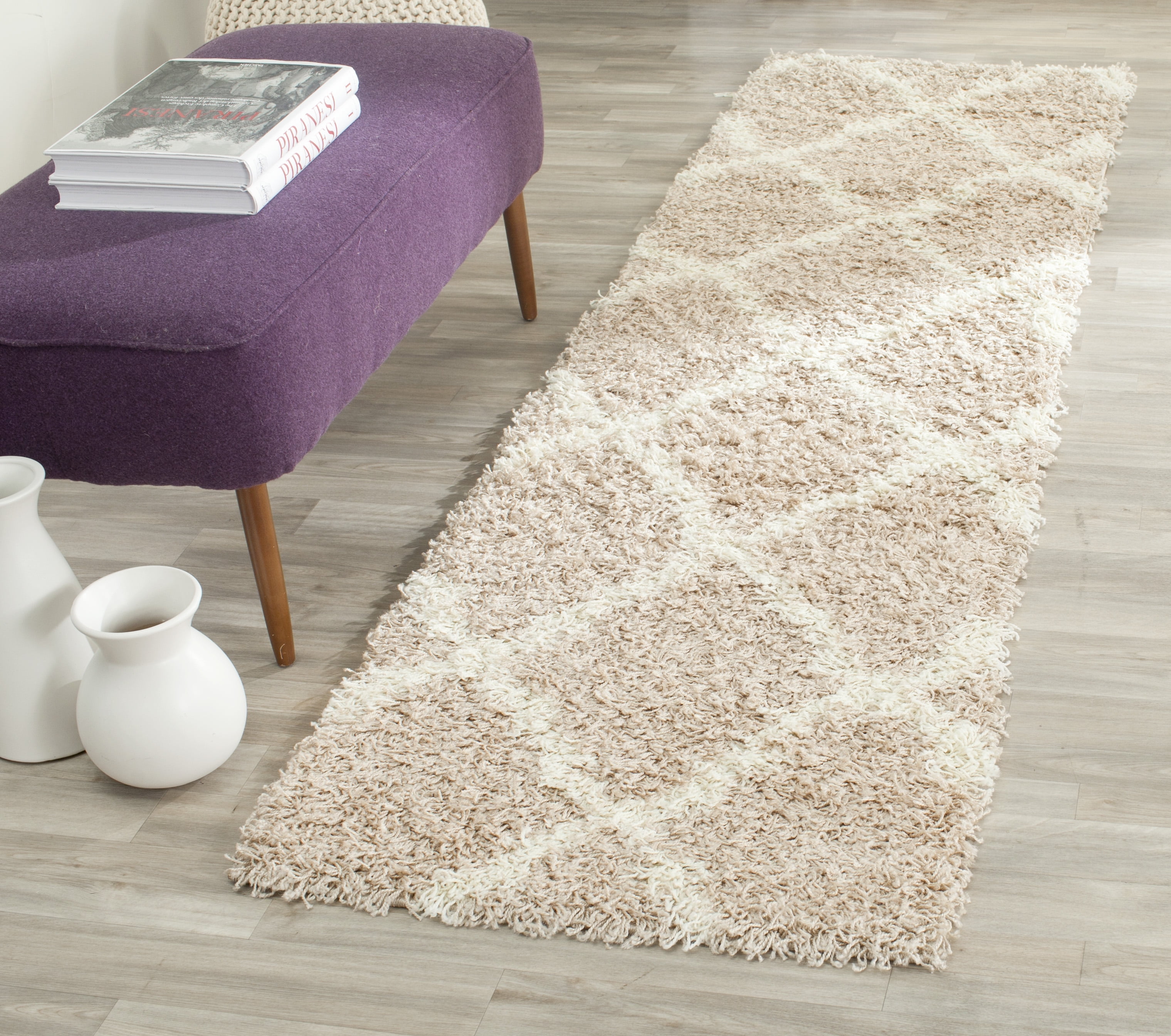 SAFAVIEH Daley Geometric Plush Shag Runner Rug, Beige/Ivory, 2'3" x 6'