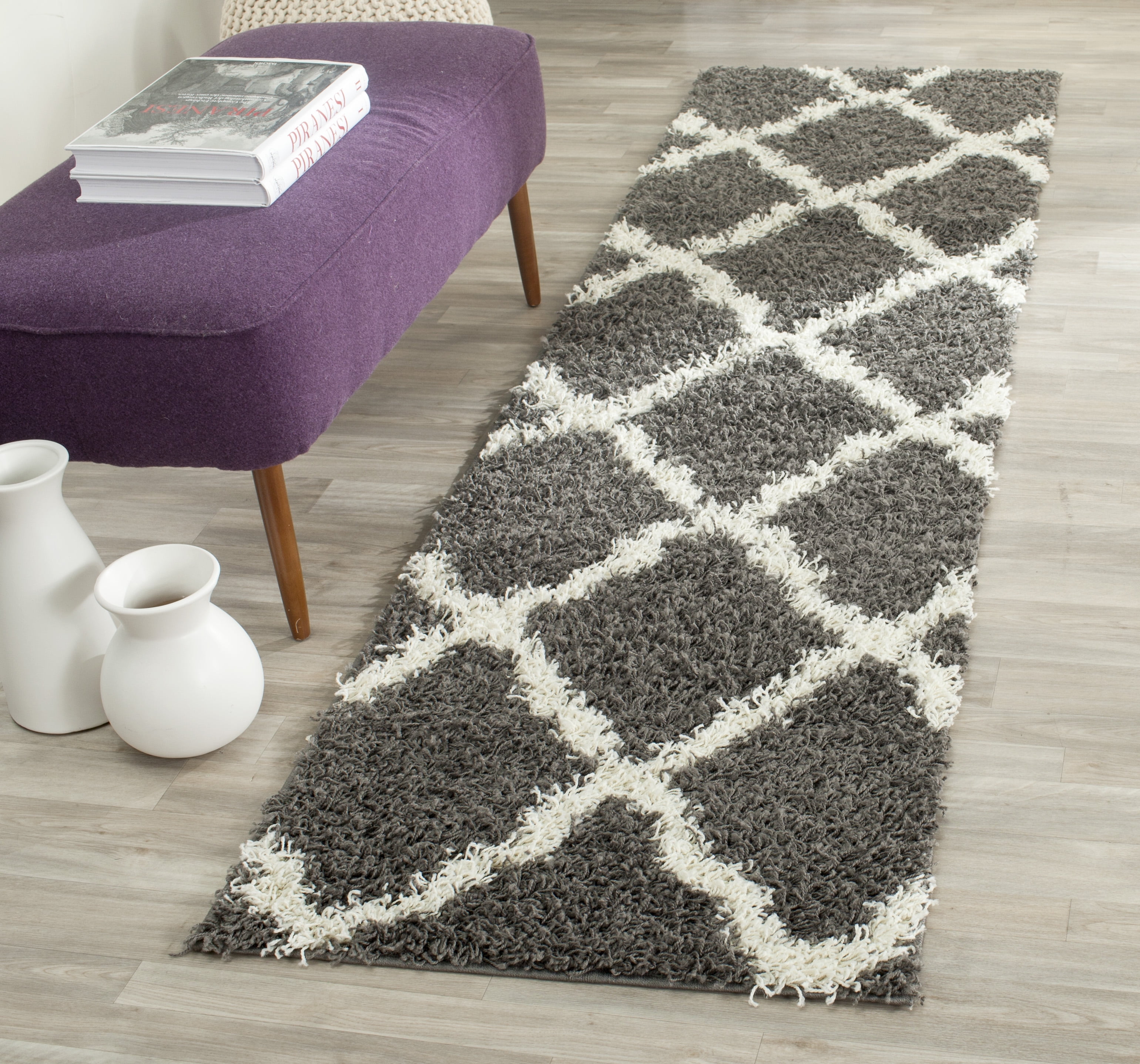 SAFAVIEH Daley Geometric Plush Shag Runner Rug, Dark Grey/Ivory, 2'3" x 10'