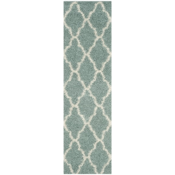 SAFAVIEH Daley Geometric Plush Shag Runner Rug, Seafoam/Ivory, 2'3" x 14'