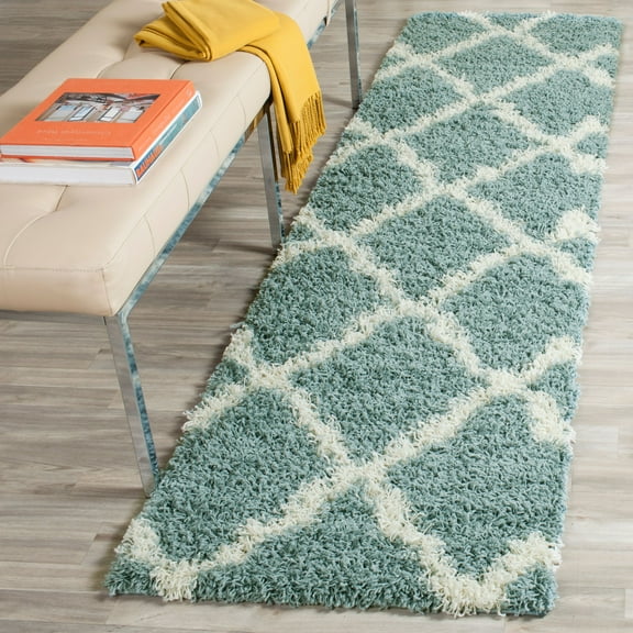 SAFAVIEH Daley Geometric Plush Shag Runner Rug, Seafoam/Ivory, 2'3" x 8'