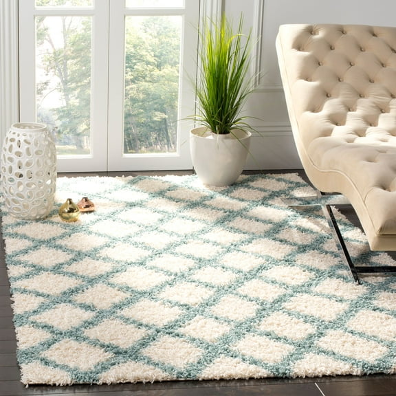 SAFAVIEH Dallas Jerrie Geometric Shag Area Rug, Ivory/Seafoam, 6' x 6' Square