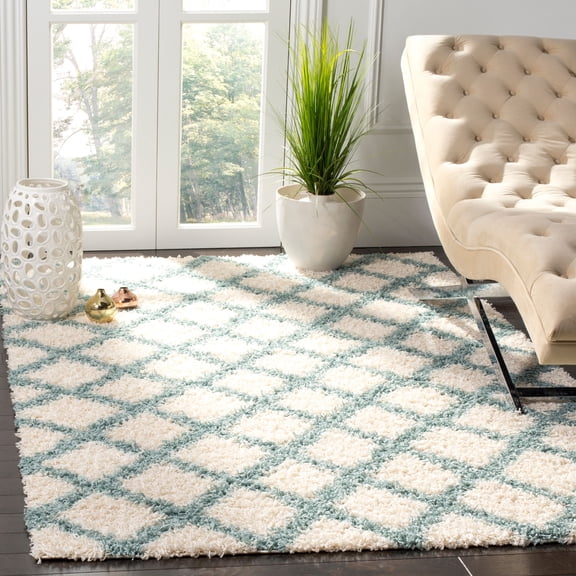 SAFAVIEH Dallas Jerrie Geometric Shag Area Rug, Ivory/Seafoam, 6' x 9'