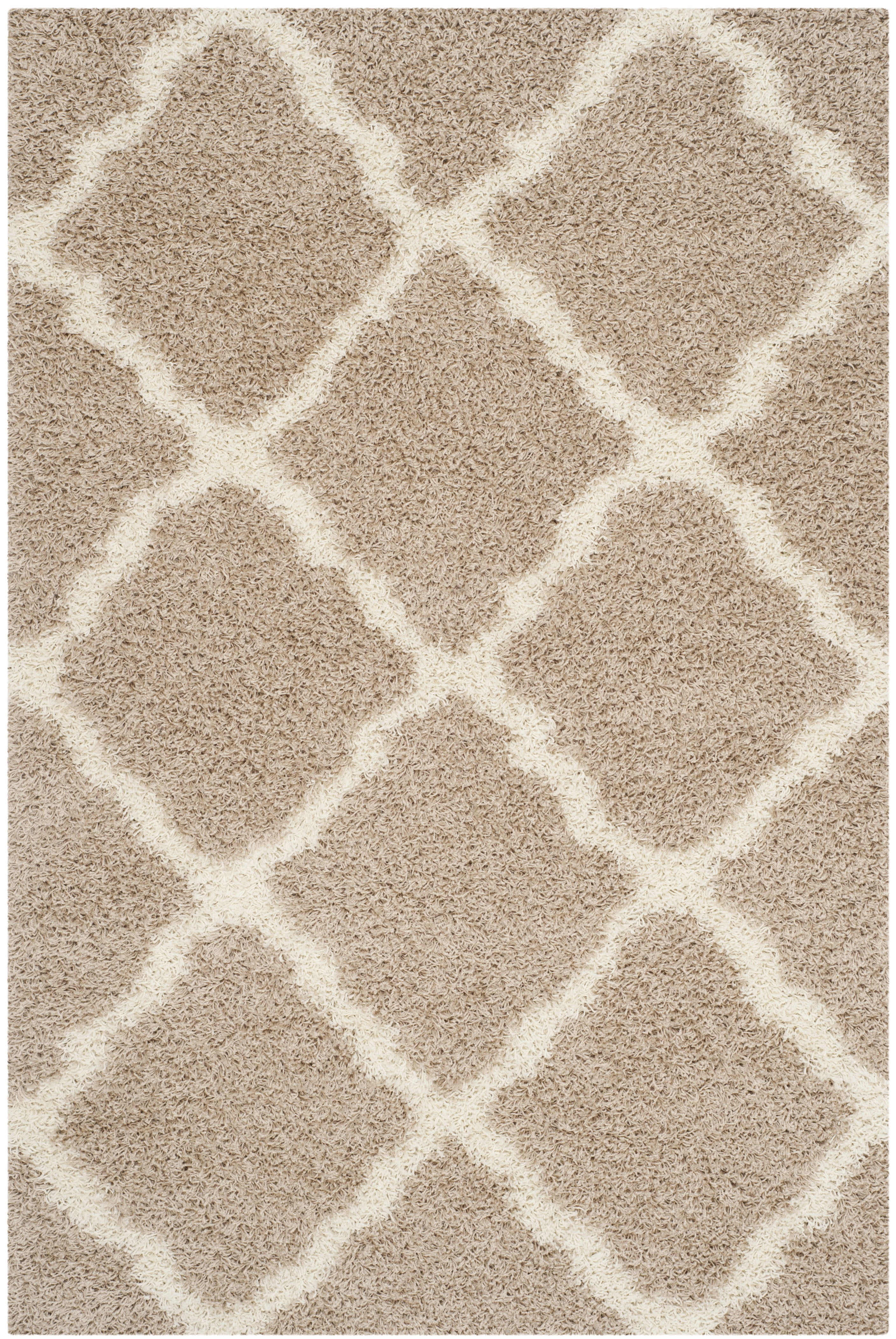 Beige and Ivory Geometric Shag Area Rug, 6' x 9'