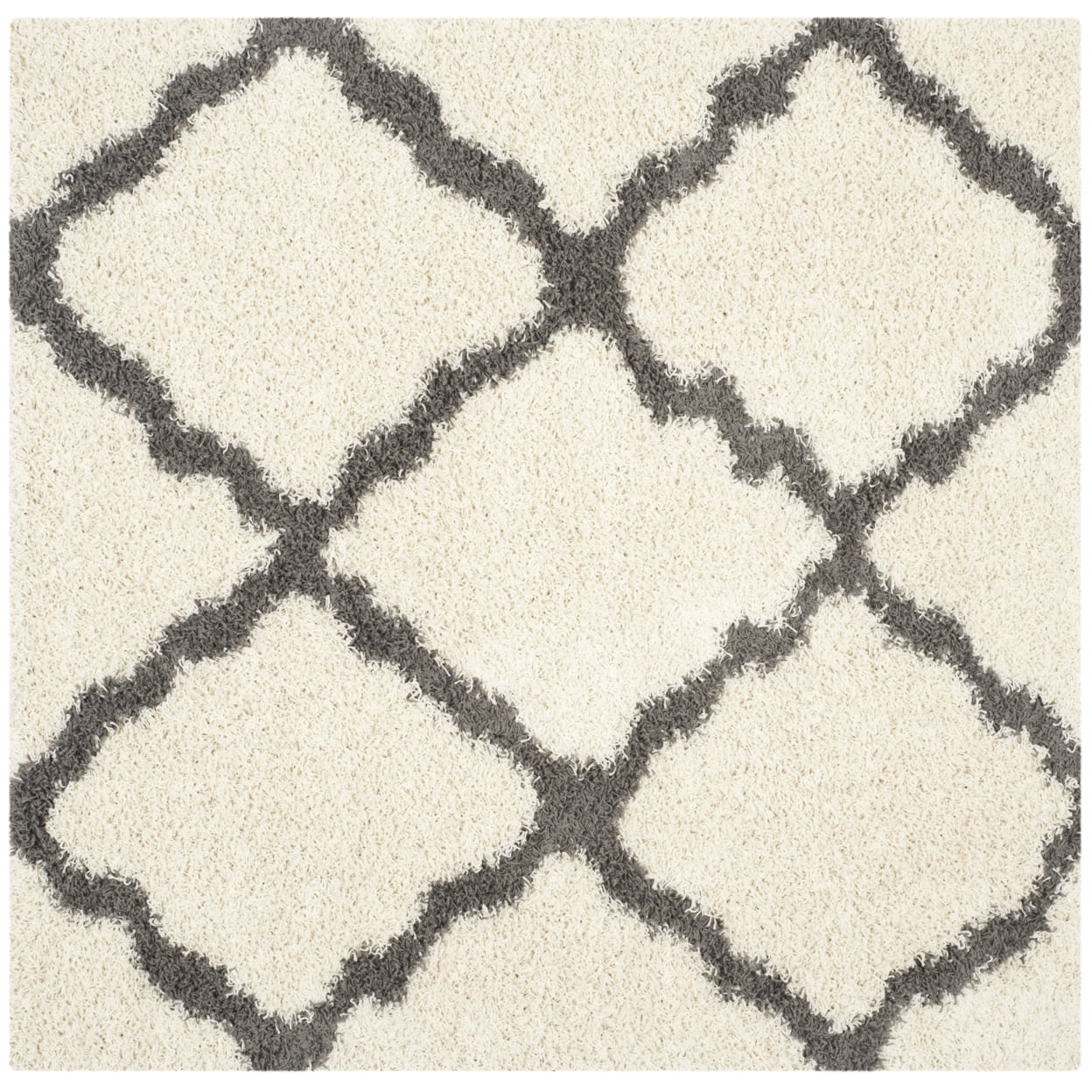 Ivory & Dark Grey Geometric Shag Square Rug, Easy Care Synthetic 6'x6'