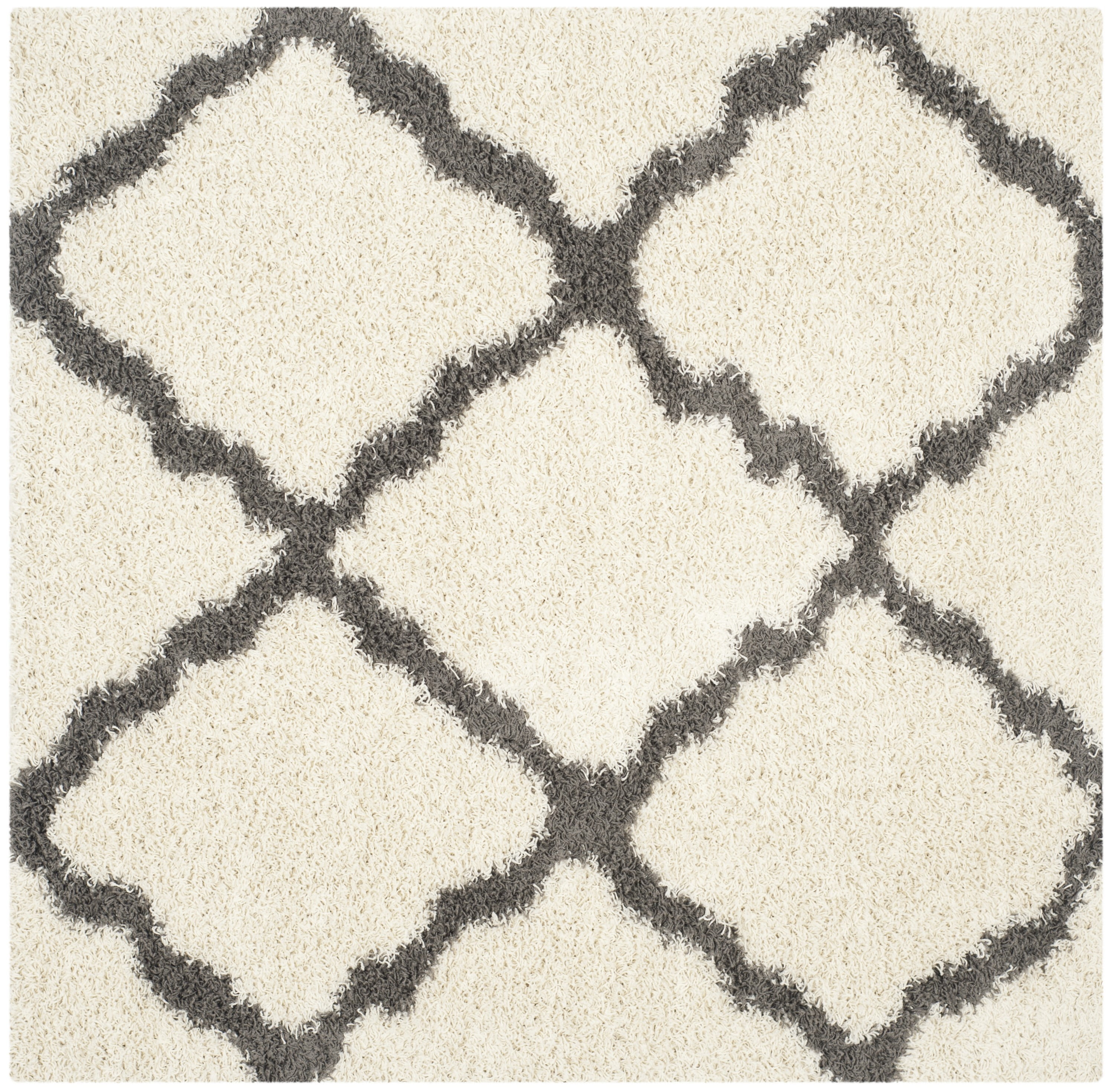 Ivory & Dark Grey Geometric Shag Square Rug, Easy Care Synthetic 6'x6'