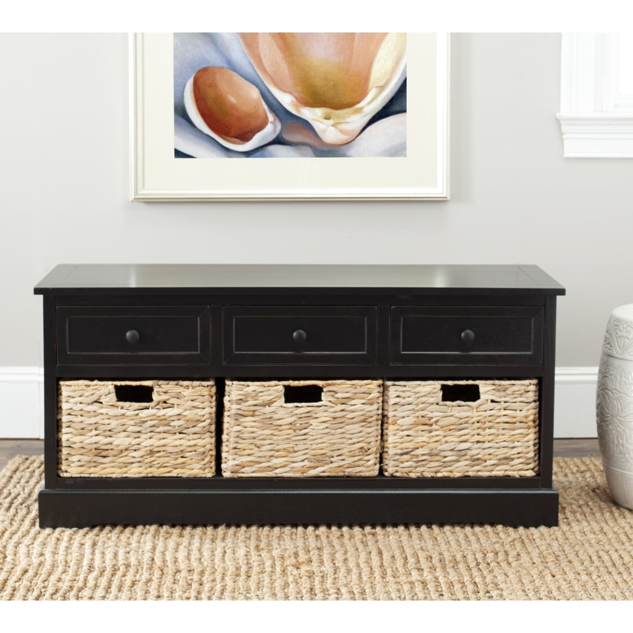 Transitional Gray Pine Wood Storage Bench with Wicker Baskets
