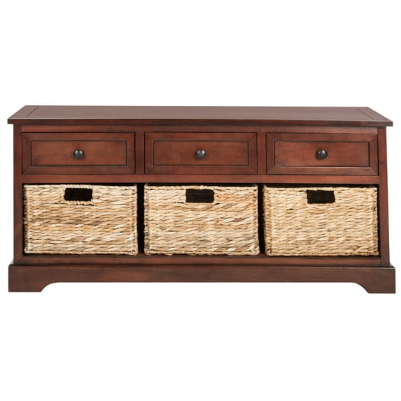 SAFAVIEH Damien Storage Bench with 3 Wicker Baskets and 3 Drawers, Dark Cherry