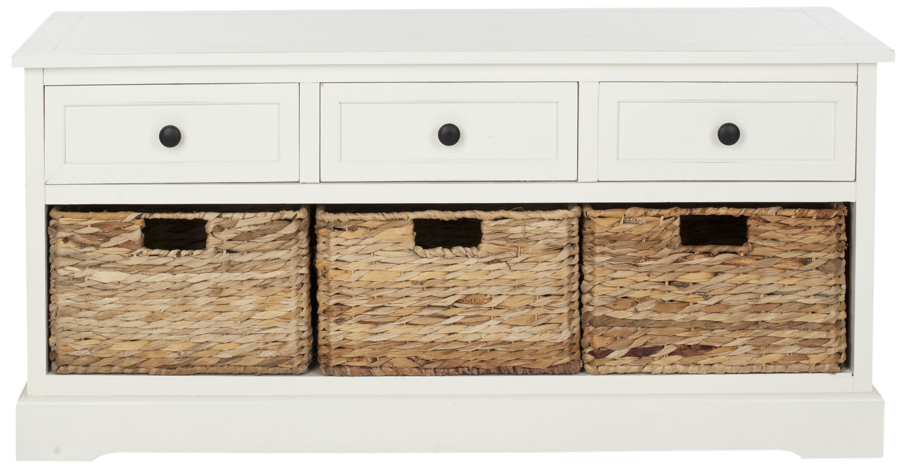 Distressed Cream Pine Storage Bench with 3 Drawers & Wicker Baskets