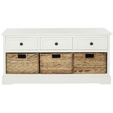 SAFAVIEH Damien Storage Bench with 3 Wicker Baskets and 3 Drawers, Distressed Cream