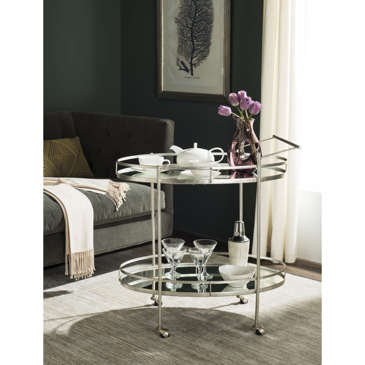 Safavieh Dante 30-in x 33.6-in Silver Oval Cart Bar Safavieh Dante 30-in x 33.6-in Silver Oval Cart Bar