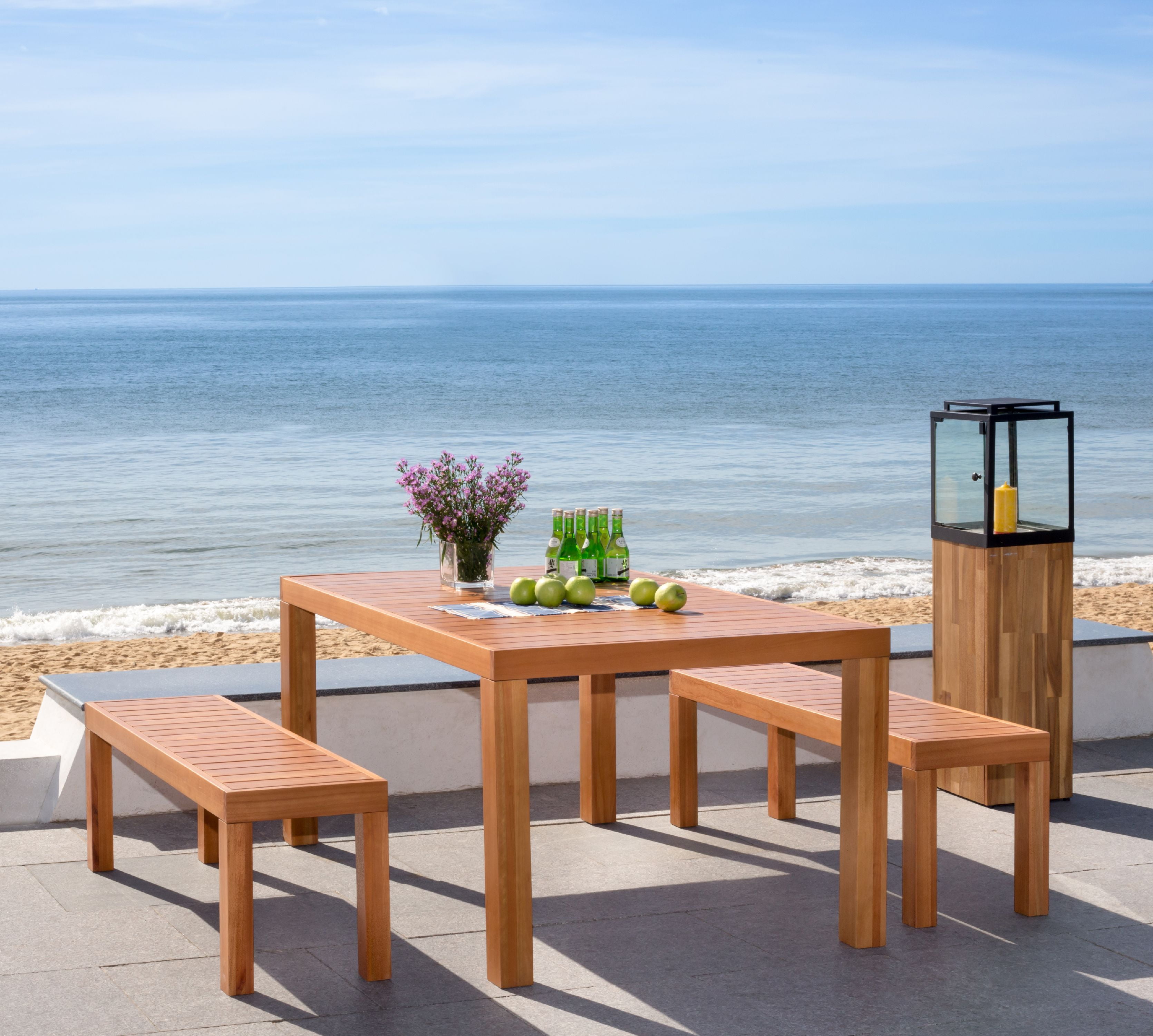 Natural Wood 3-Piece Rectangular Dining Set with Benches