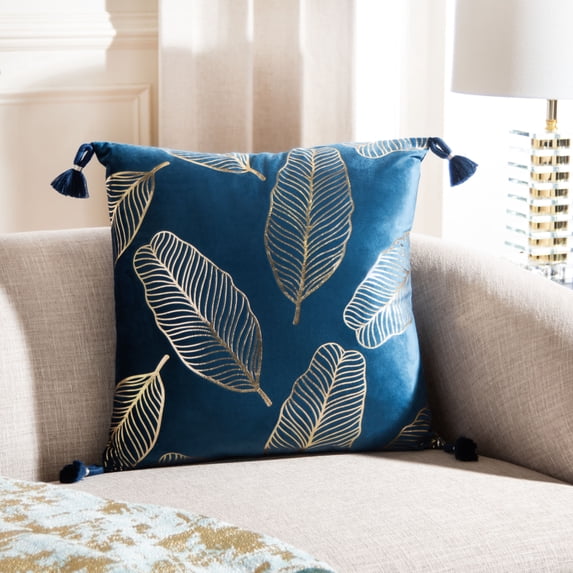 SAFAVIEH Darlia Palm Leaves Pillow, 18" x 18", Dark Blue/Gold
