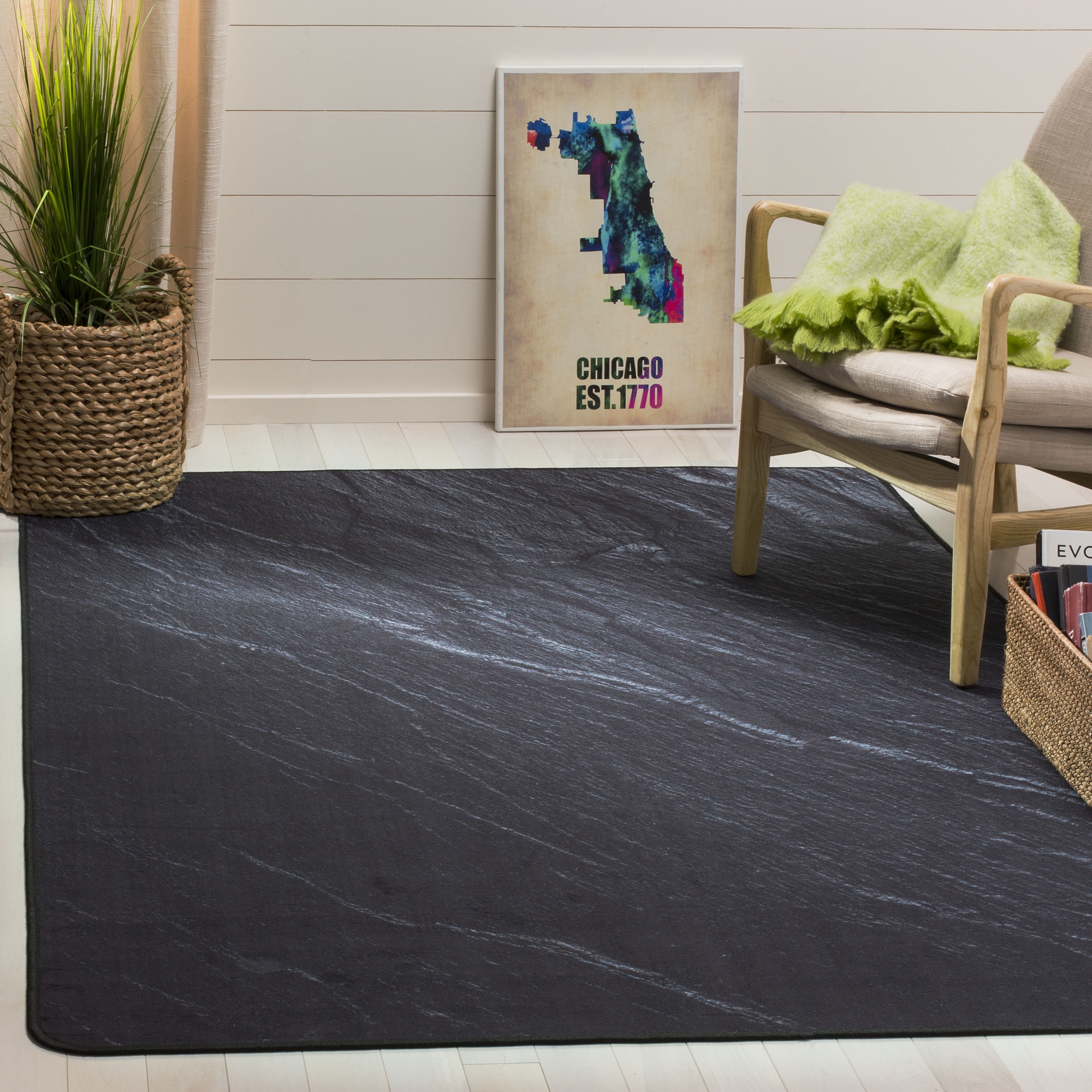 Black and Gray Abstract Synthetic Area Rug