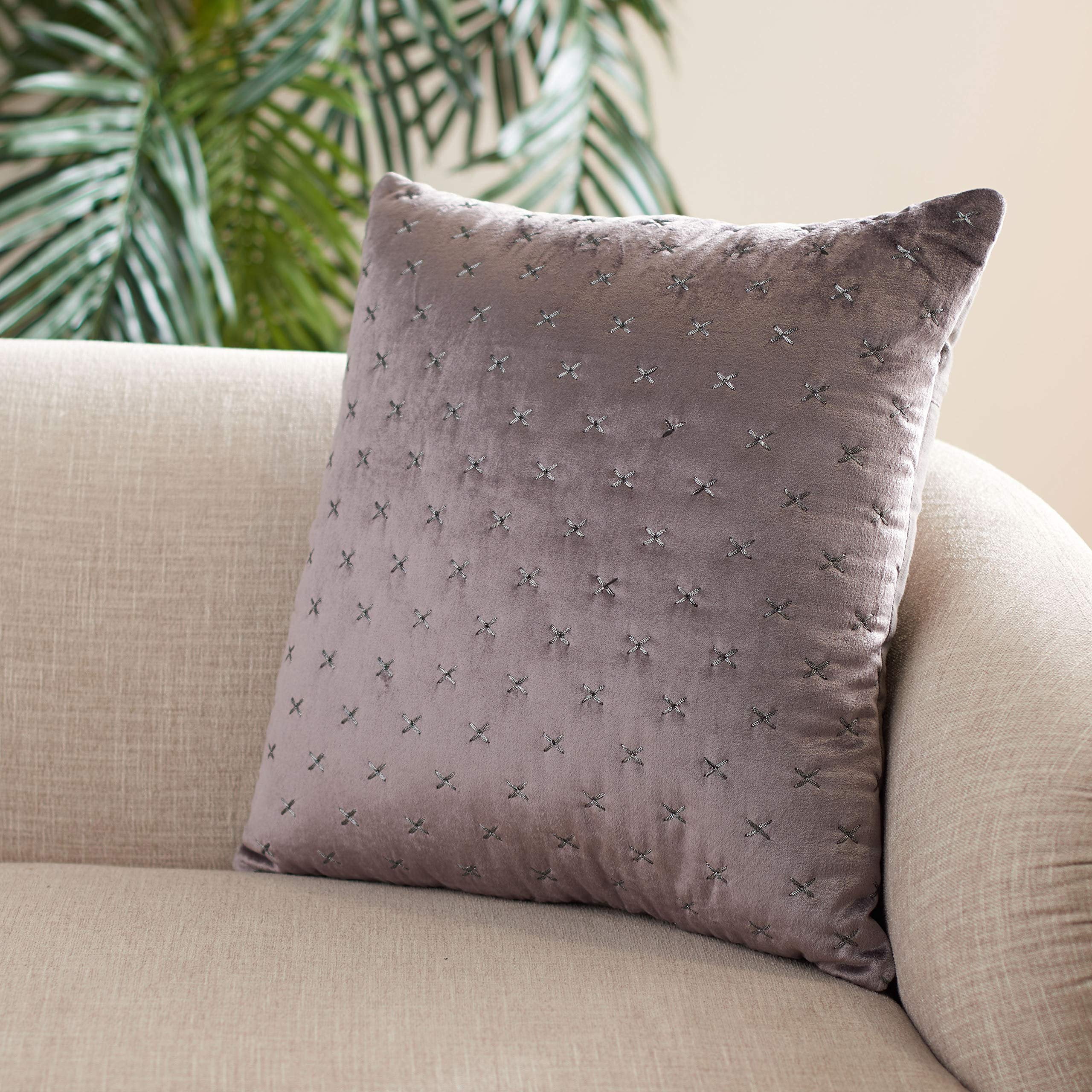 Deana Light Grey Embroidered Square Throw Pillow