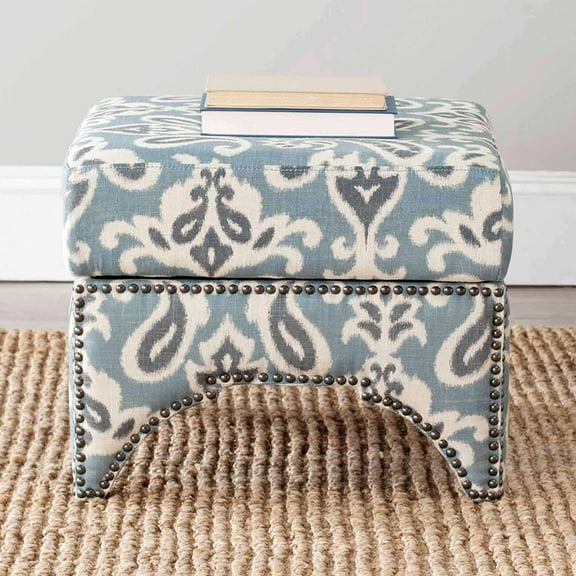 SAFAVIEH Declan Classic Upholstered Storage Ottoman, Blue/Natural