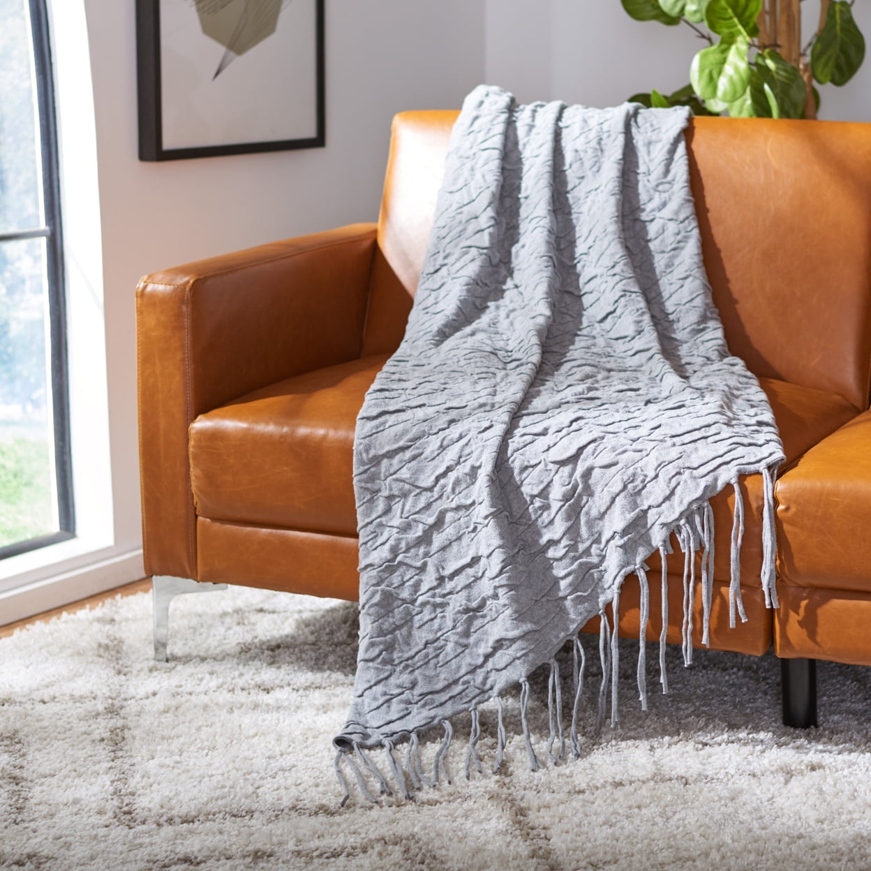 Delena Light Grey Cotton Throw Blanket with Fringe