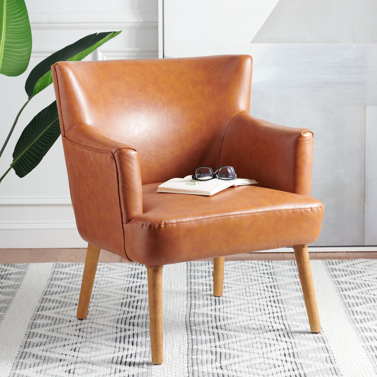 Cognac Leather Mid-Century Modern Accent Chair with Wood Legs