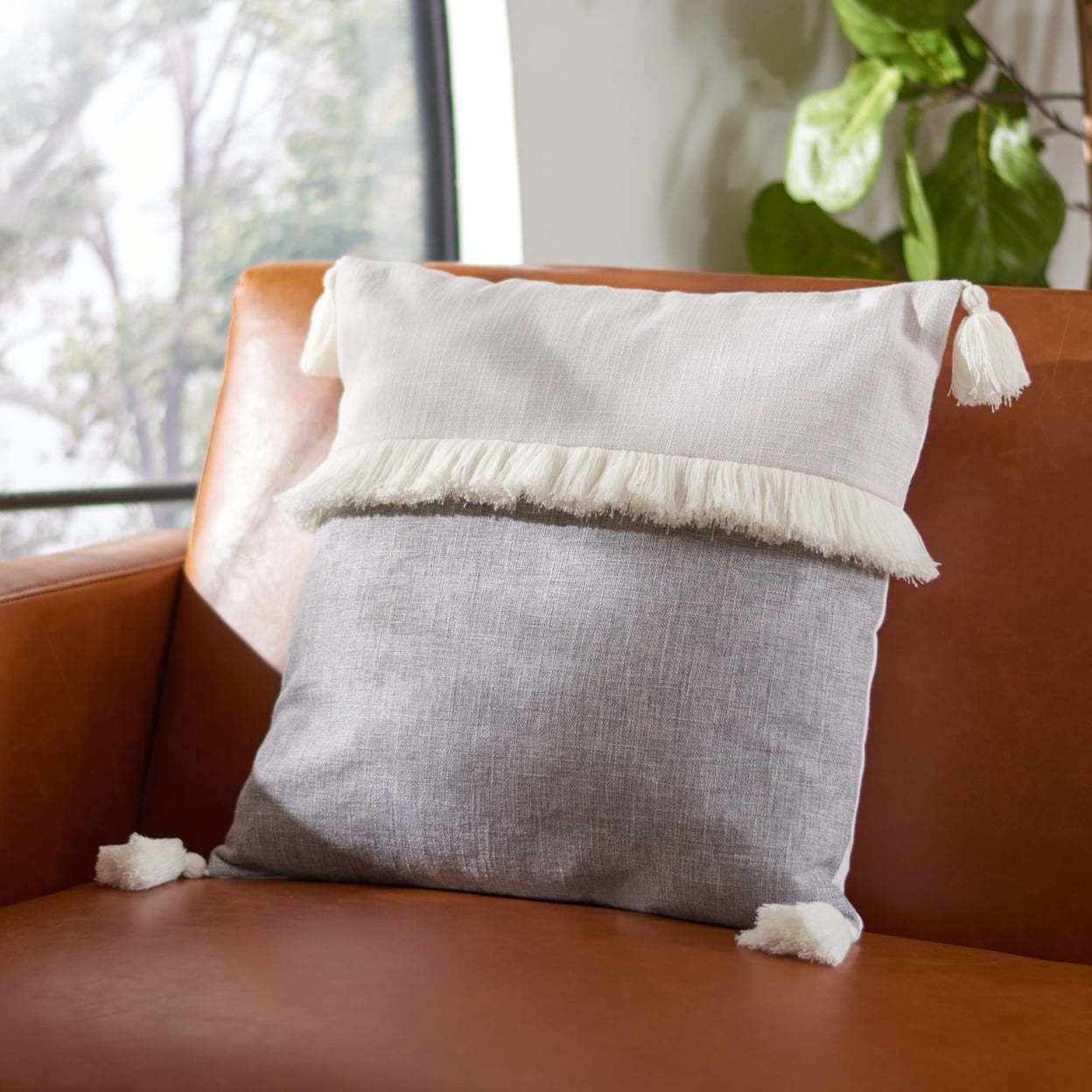 Gray and White Square Tassel Fringe Throw Pillow