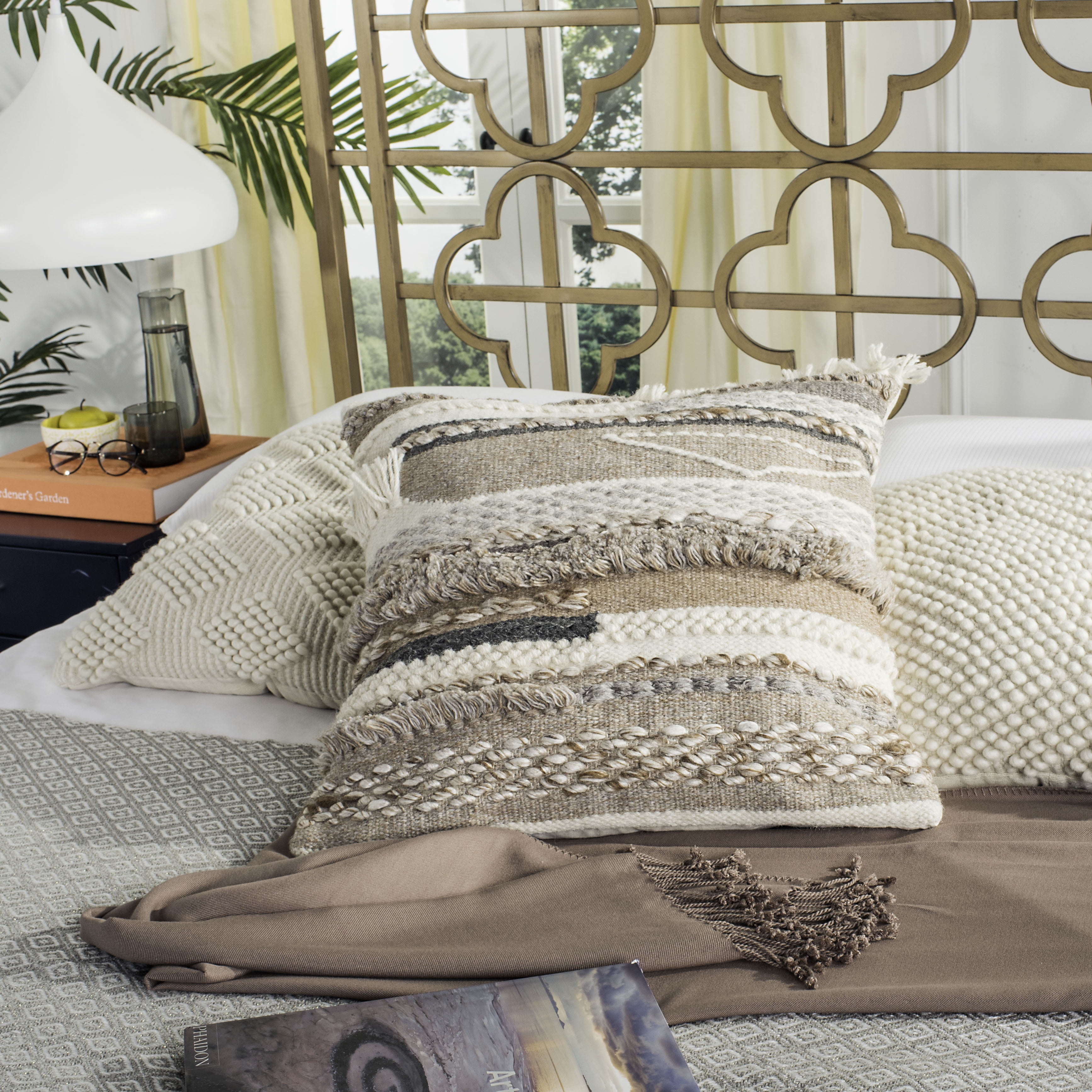 Demna Beige and Gray Wool Bohemian Throw Pillow